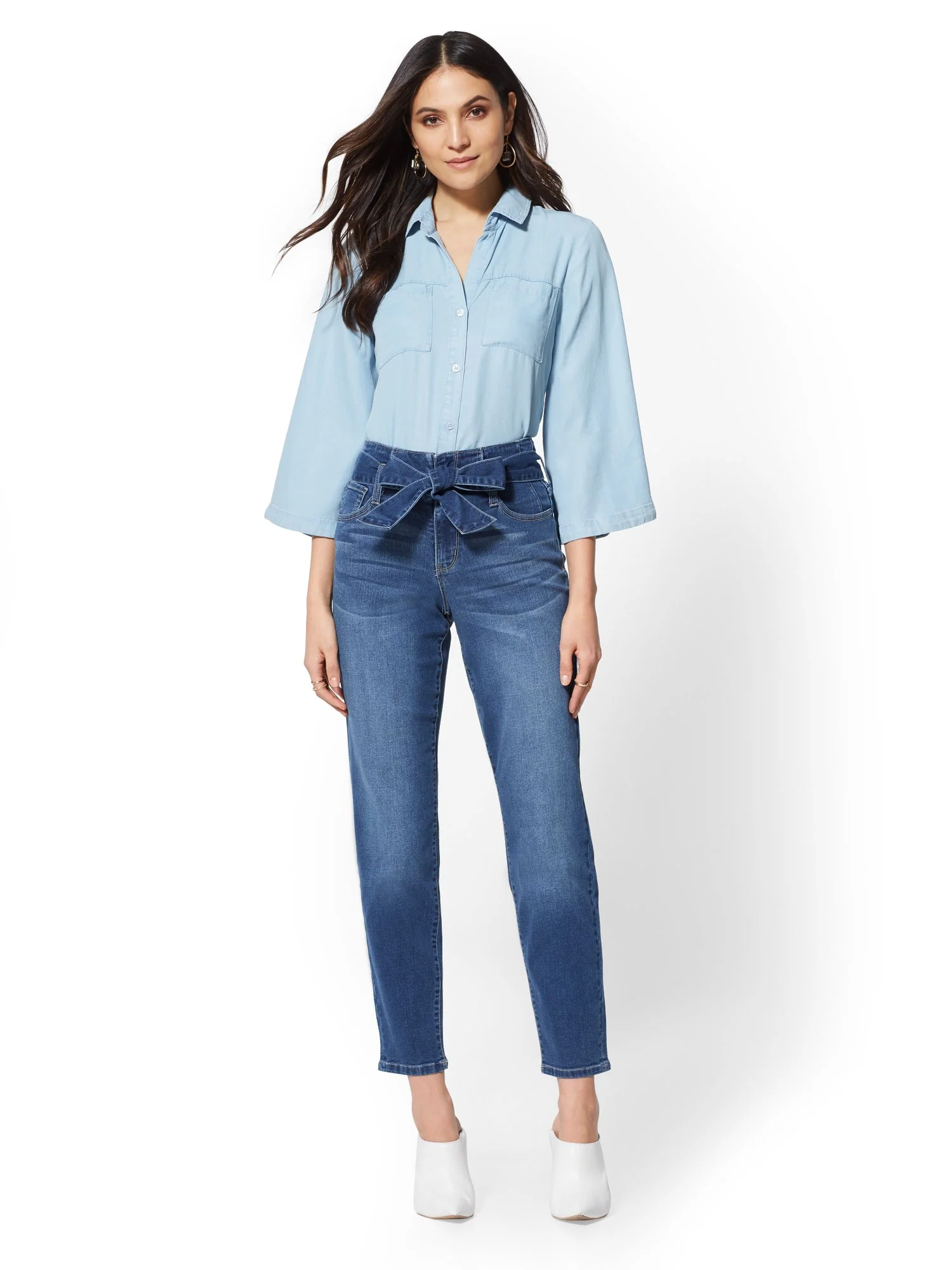 Mid-Rise Paperbag-Waist Slim Leg Jeans - Indigo - Image 3