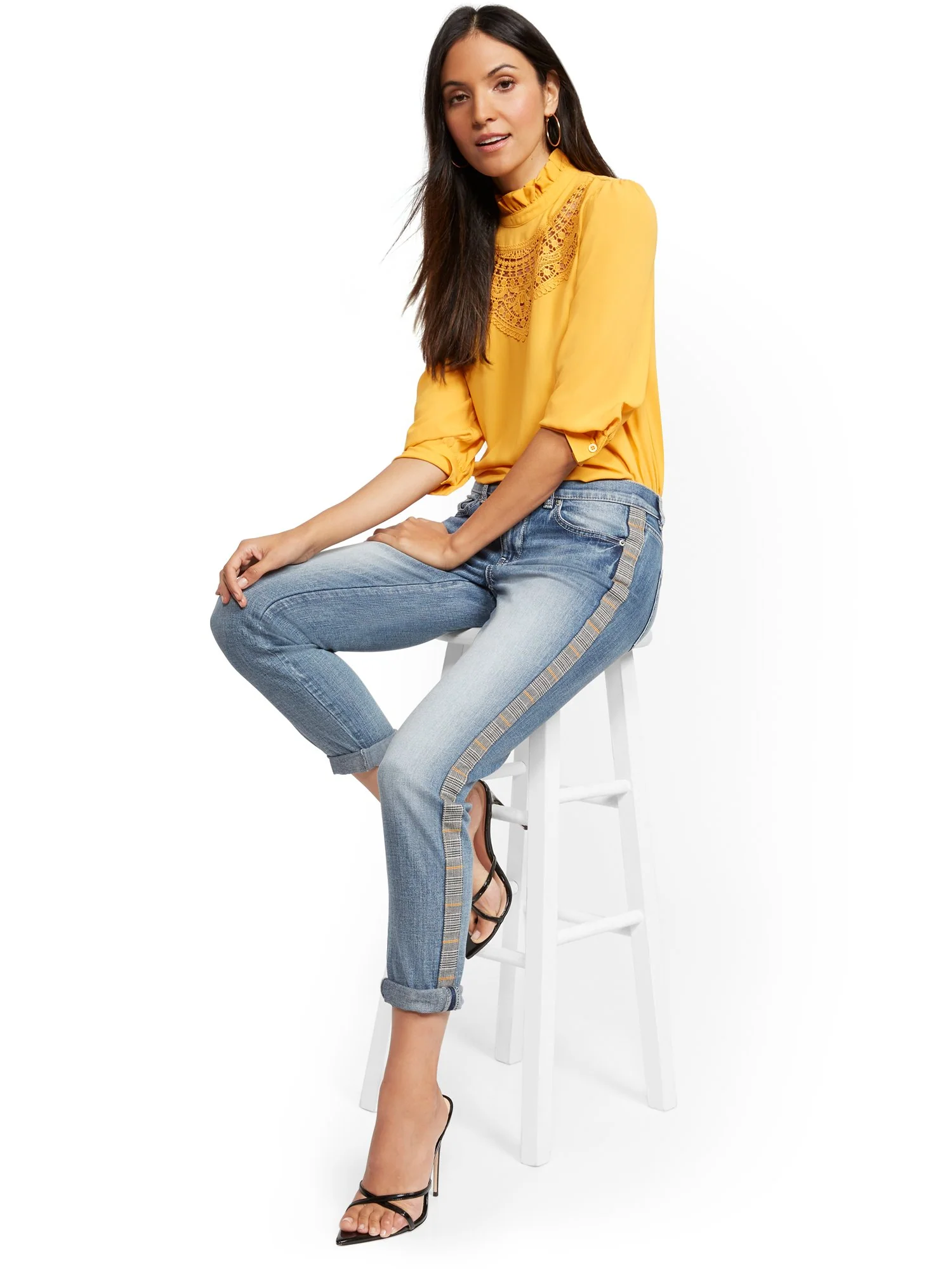 Mid-Rise Plaid-Trim Slim Boyfriend Jeans