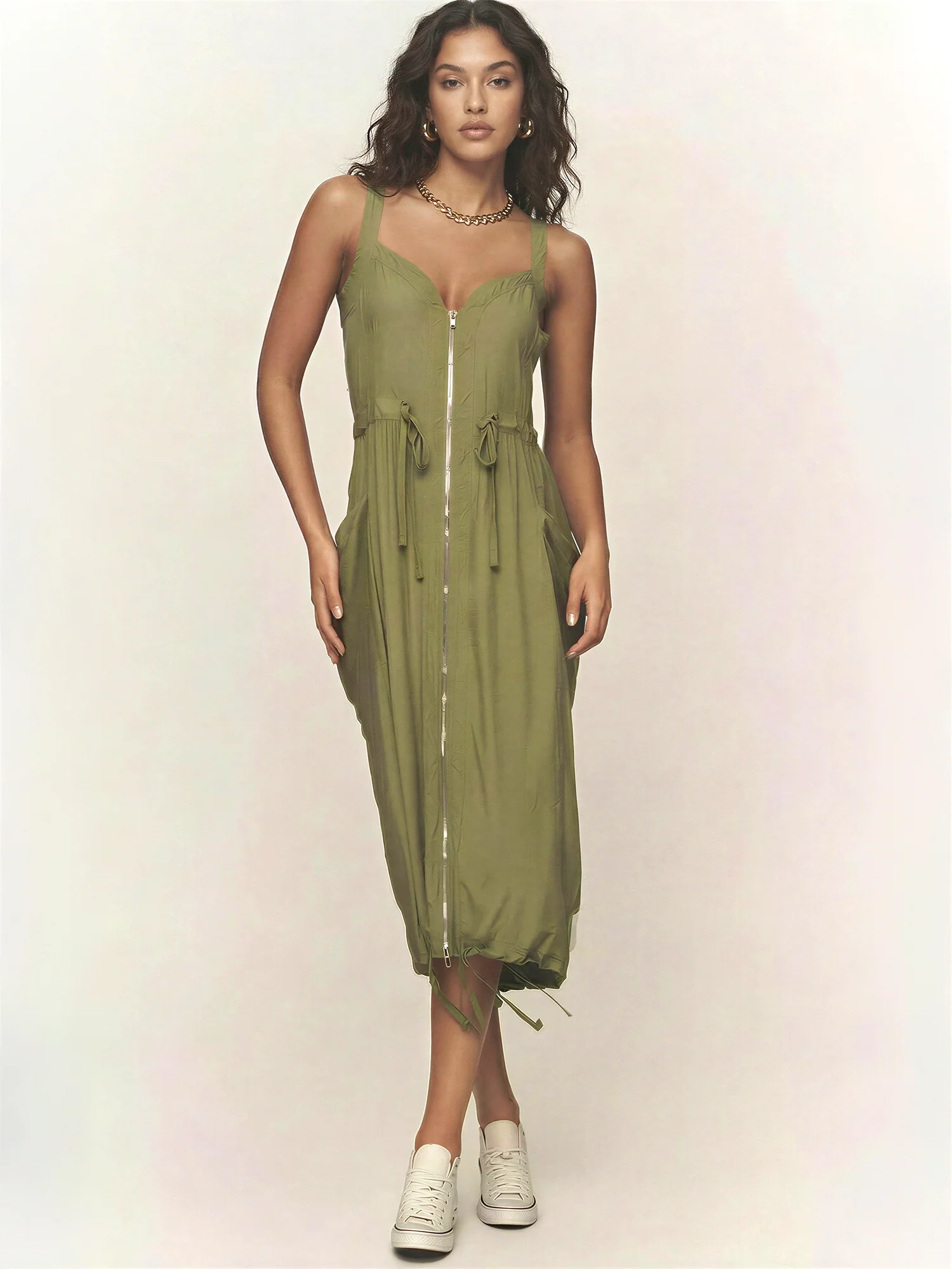 Mira V-Neck Tie Waist Cargo Midi Dress
