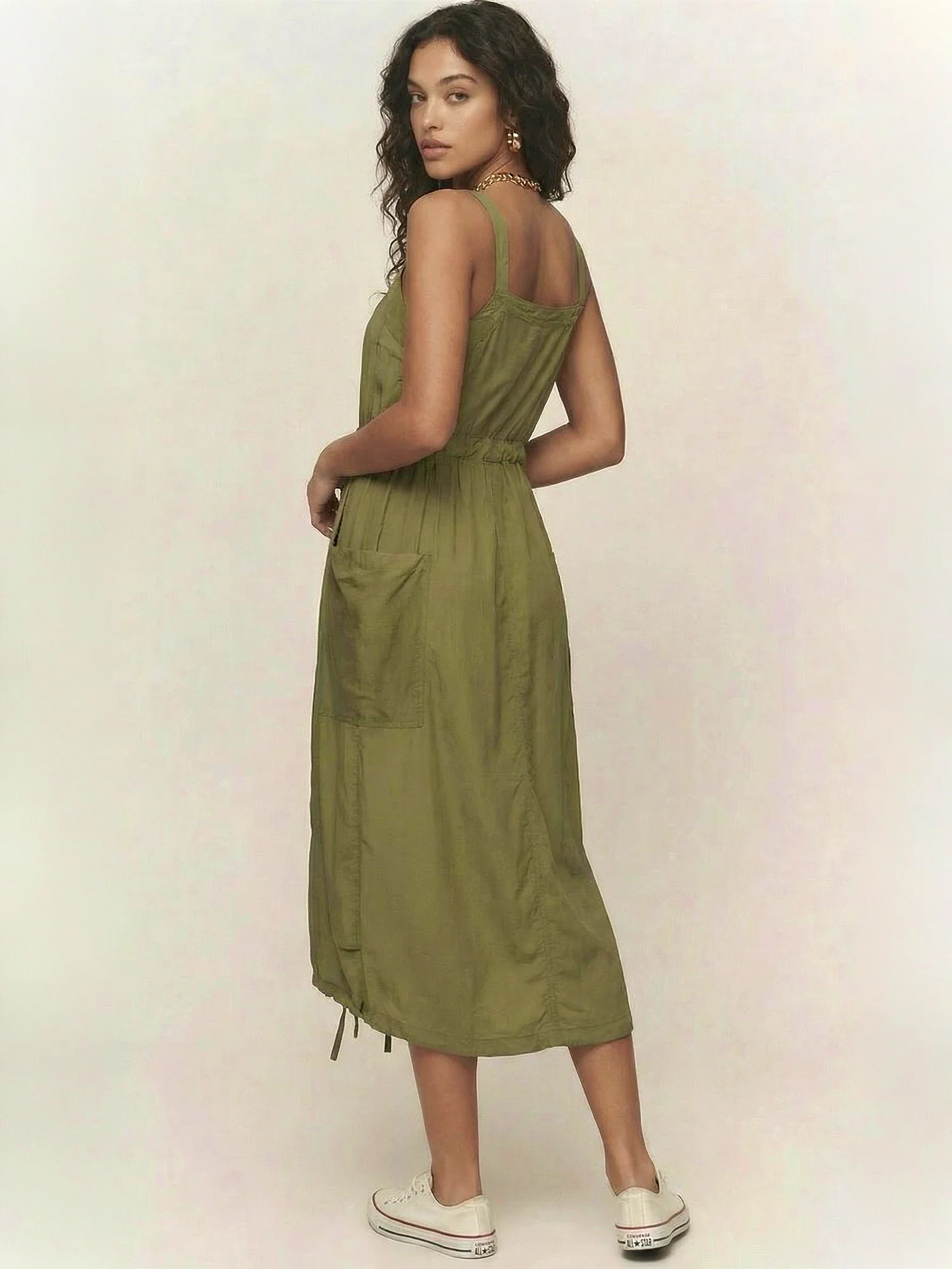 Mira V-Neck Tie Waist Cargo Midi Dress - Image 3