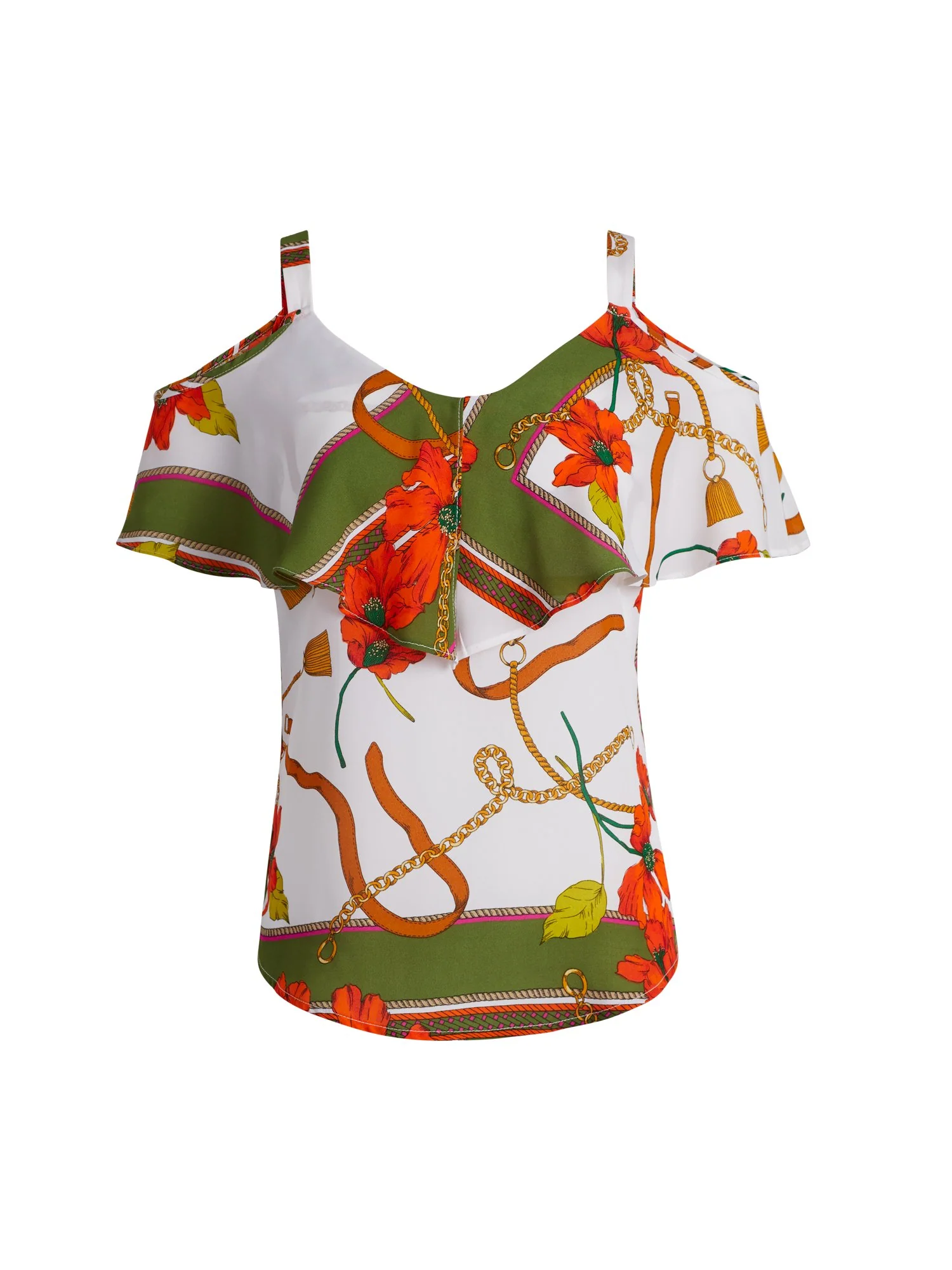 Mixed Floral Print Ruffled Cold-Shoulder Top - Image 2