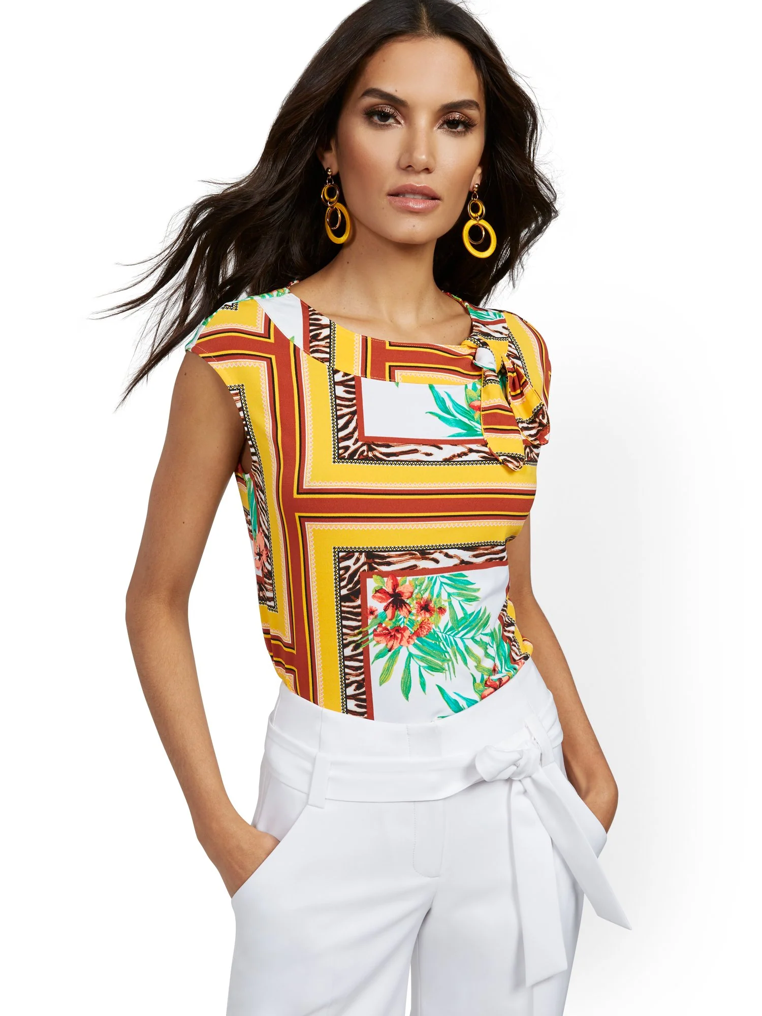 Mixed-Print Bow-Accent Top - 7th Avenue - Image 2