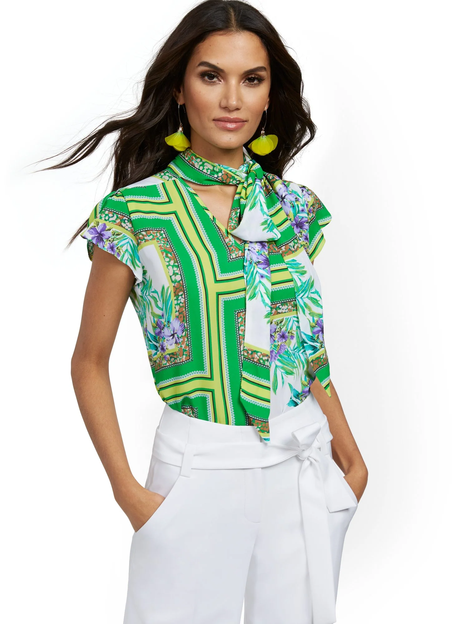 Mixed-Print Tulip-Sleeve Blouse - 7th Avenue - Image 2