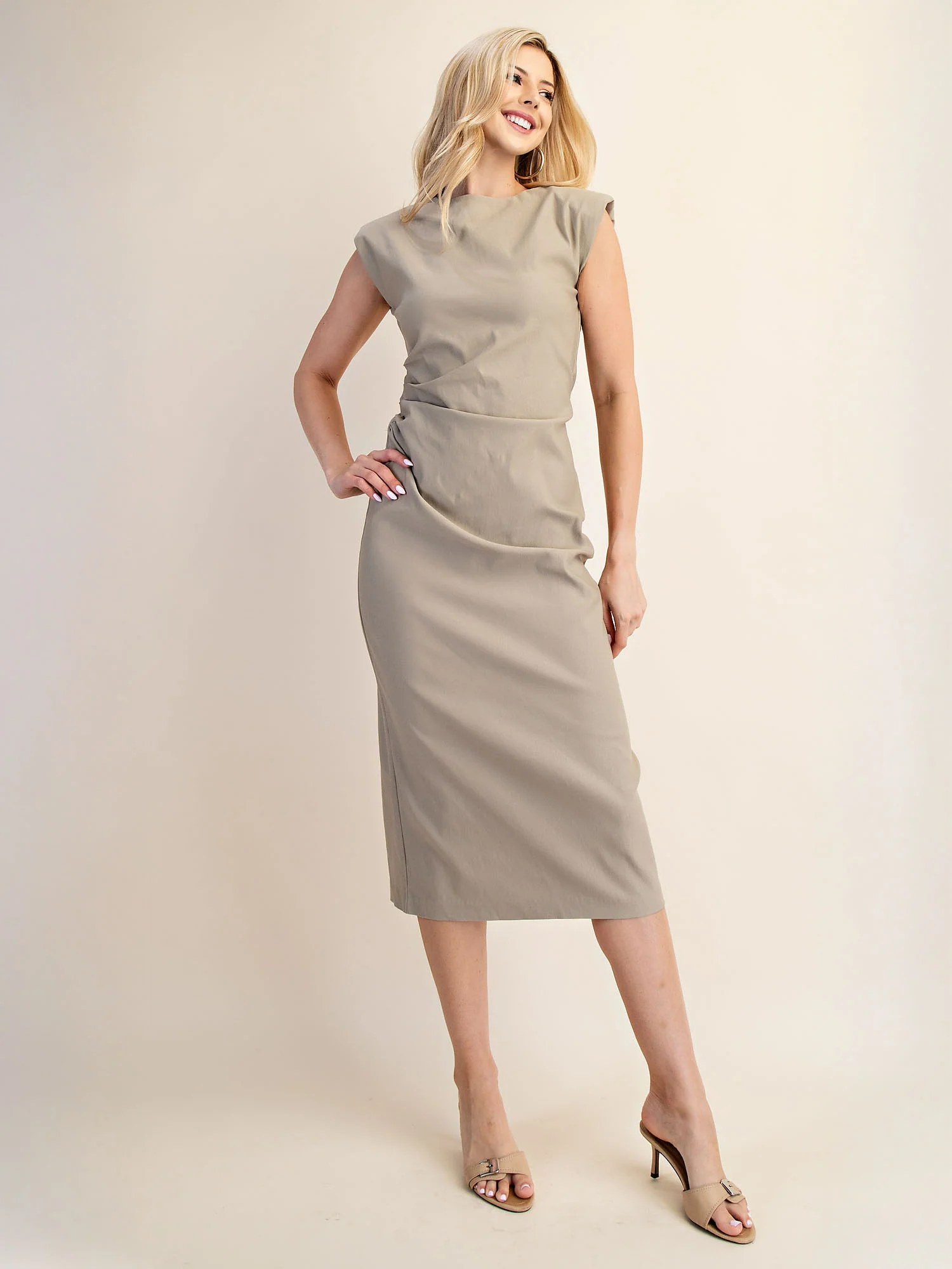 Nadia Sleeveless Ruched Waist Crepe Column Midi Dress - Image 11