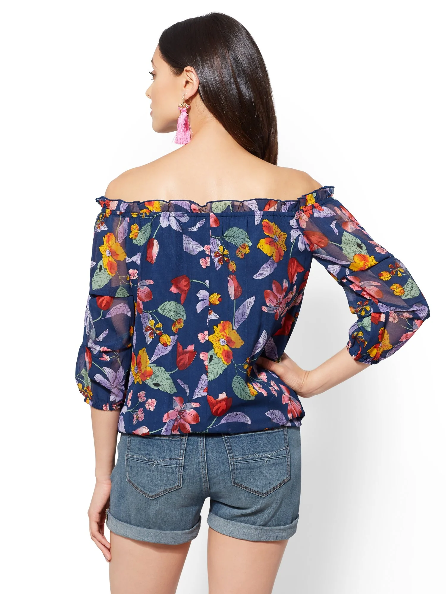 Navy Floral Off-The-Shoulder Blouse - Image 3