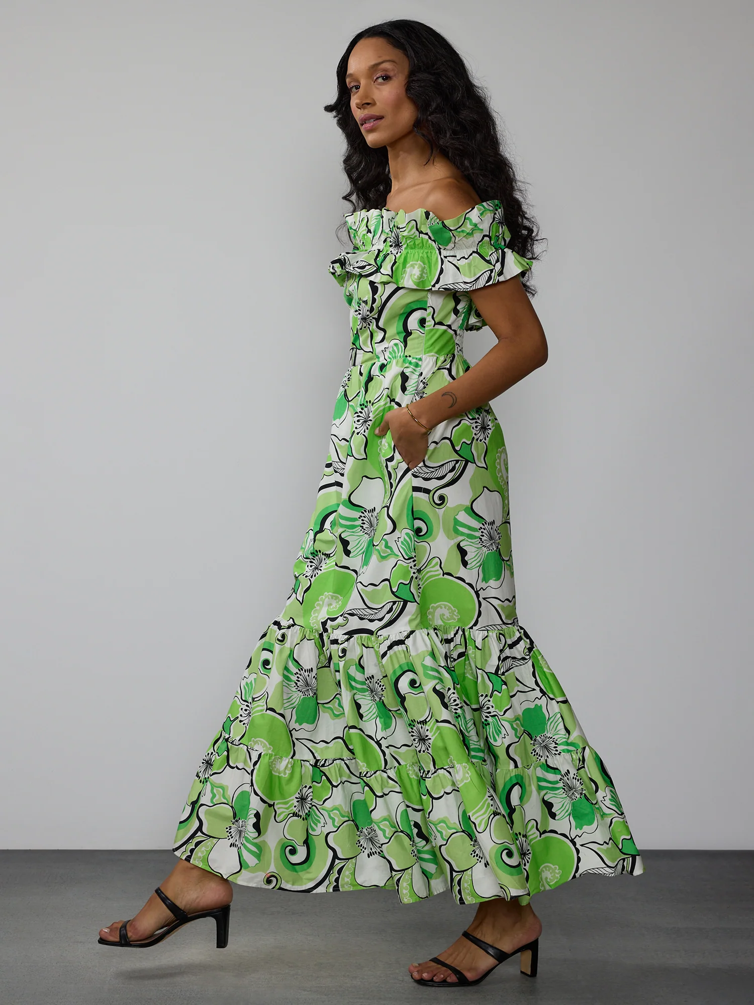 Off Shoulder Smock Back Floral Maxi Dress - Image 2