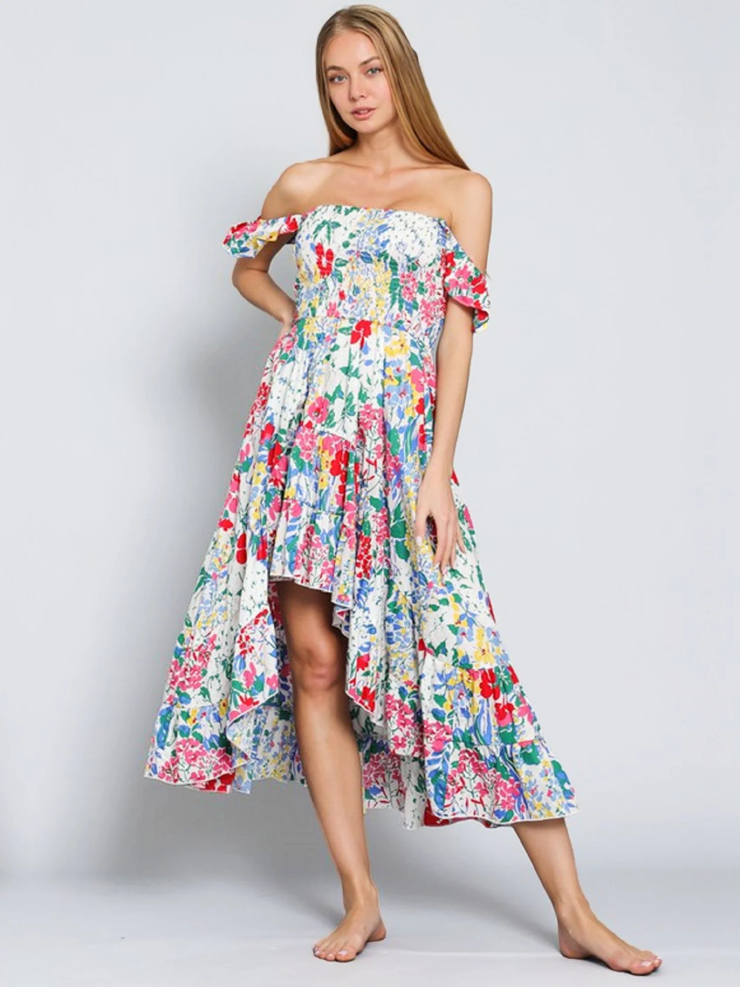 Off-The-Shoulder Floral High-Low Dress - Aakaa - Image 2