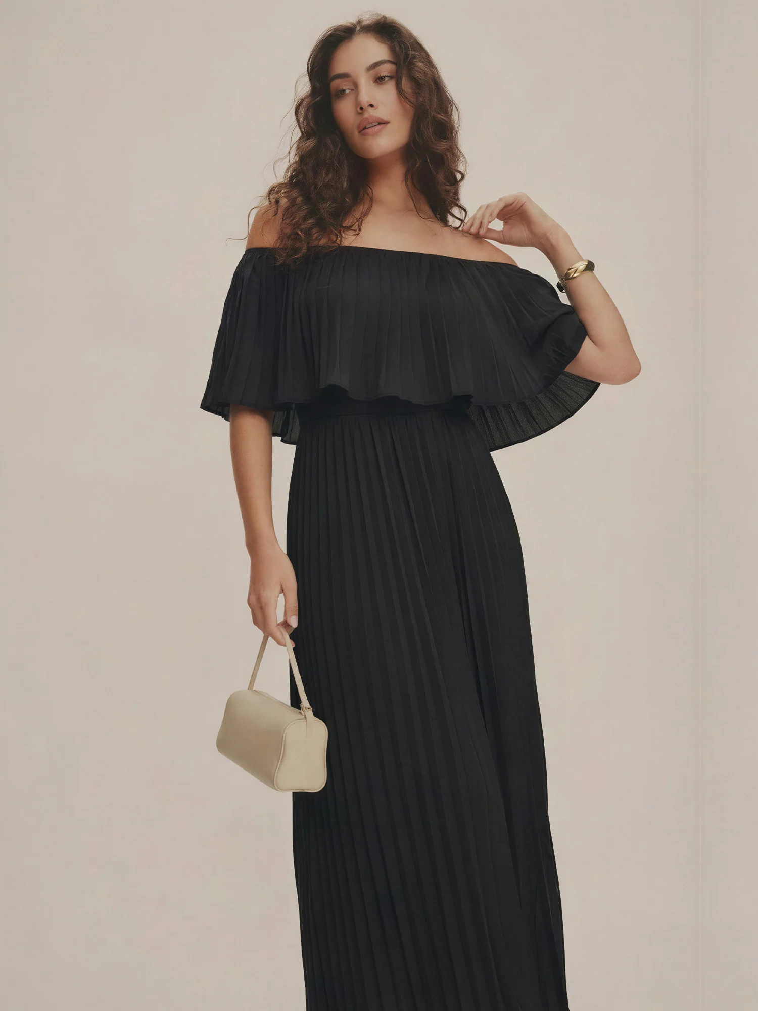 Off The Shoulder Peated Satin Jumpsuit - Image 4