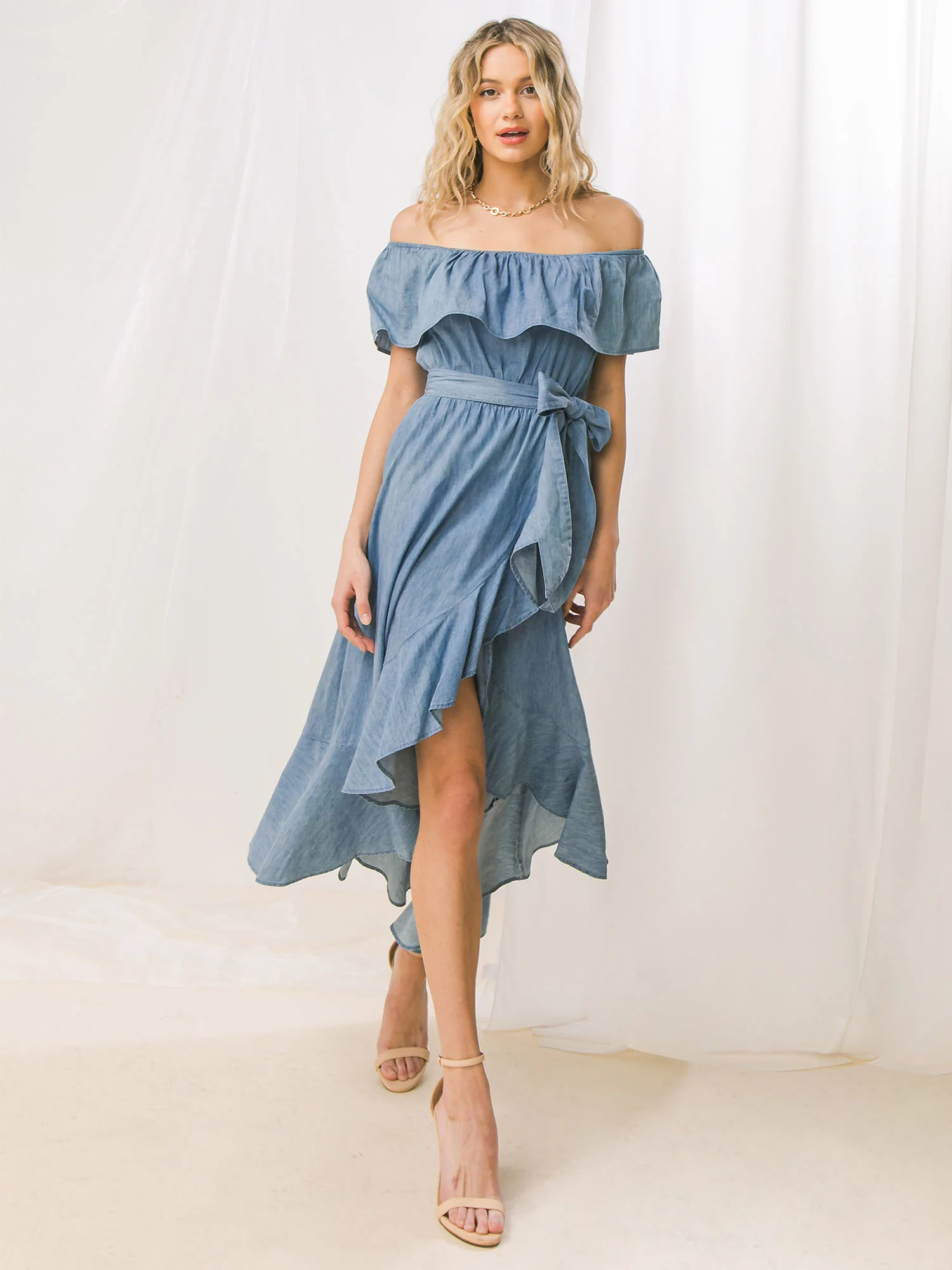 Flying Tomato Off The Shoulder Ruffle Waist-Bow Cascade Asymmetric Wrap Dress - Brands We Love - Image 4