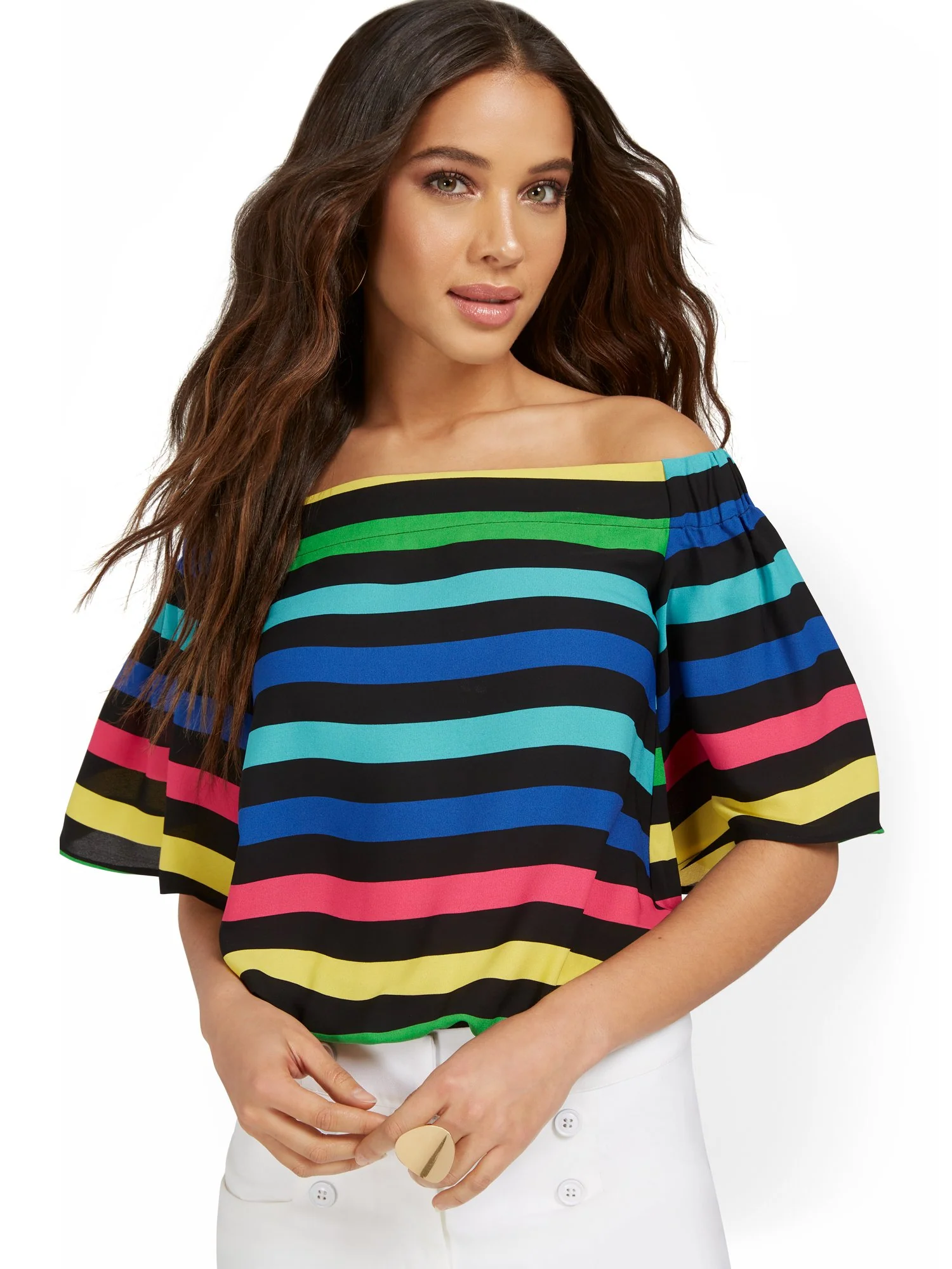 Off-The-Shoulder Stripe Flutter-Sleeve Top - Image 2