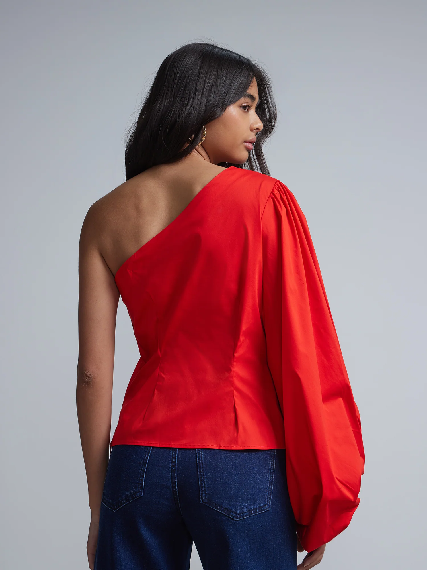 One-Shoulder Balloon-Sleeve Poplin Top - Image 3