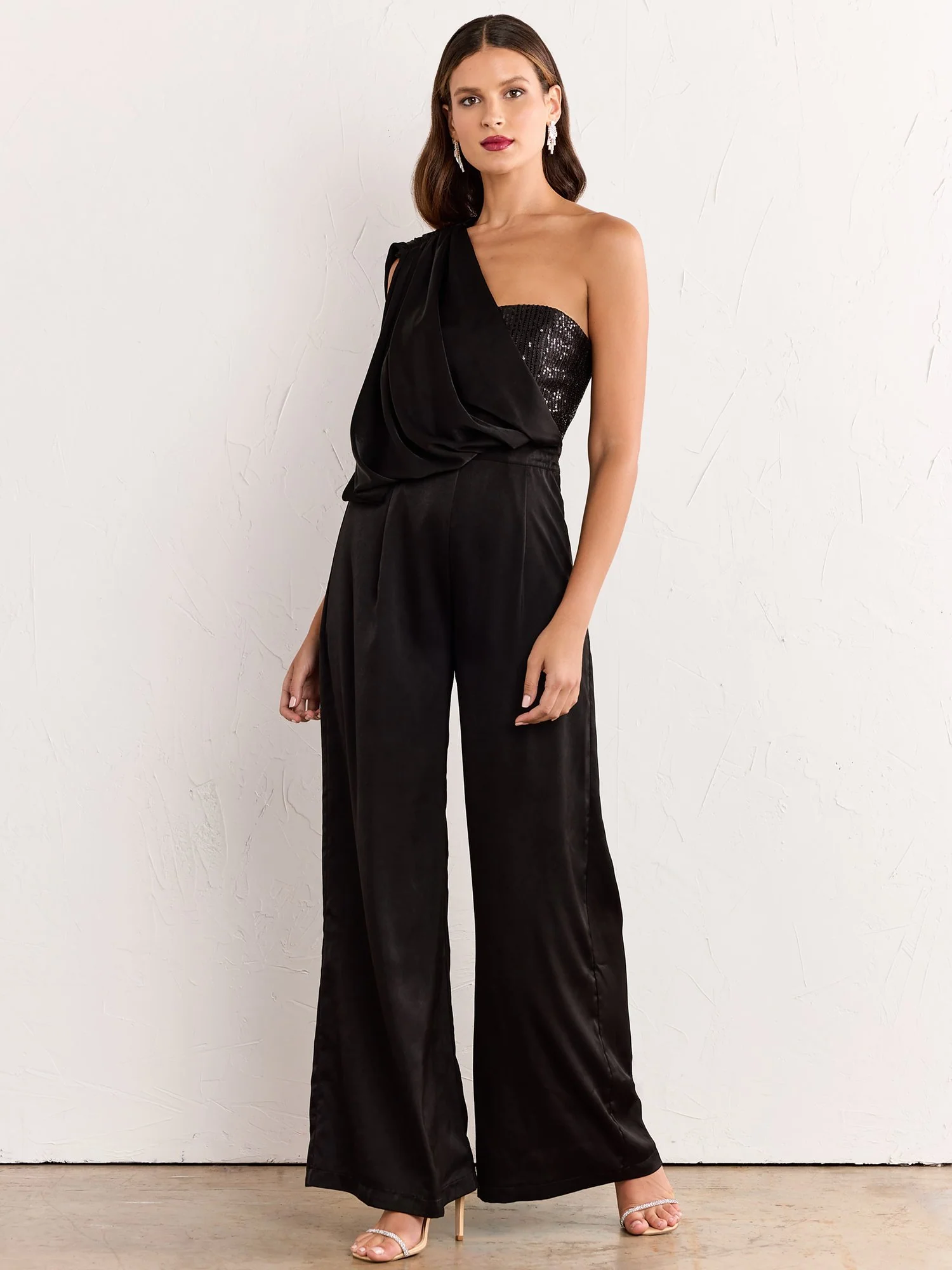 One-Shoulder Grecian Sequin Bust Jumpsuit - Do+Be