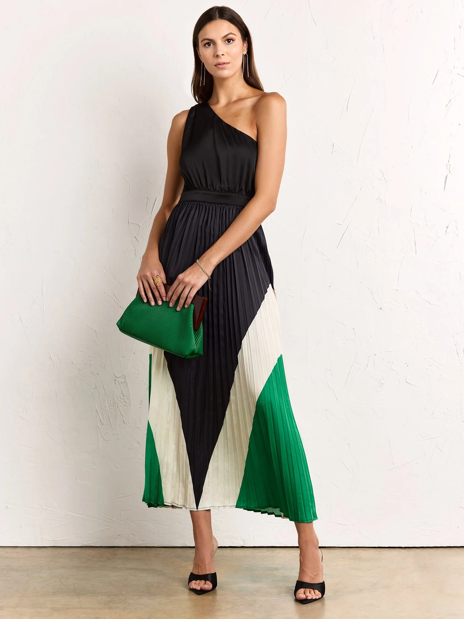 One-Shoulder Pleated Colorblock Dress - Fore Collection