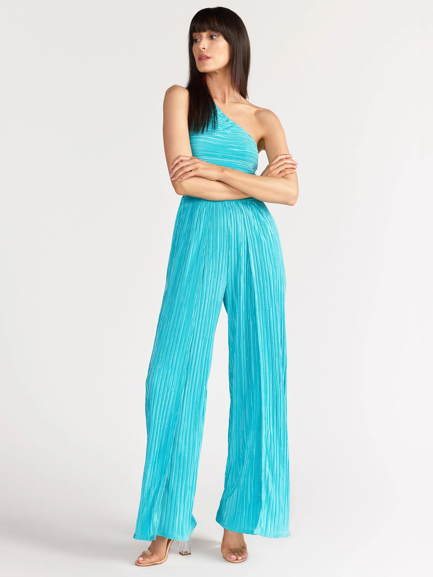 Blue Blush One Shoulder Pleated Side Slit Jumpsuit - Brands We Love - Image 3