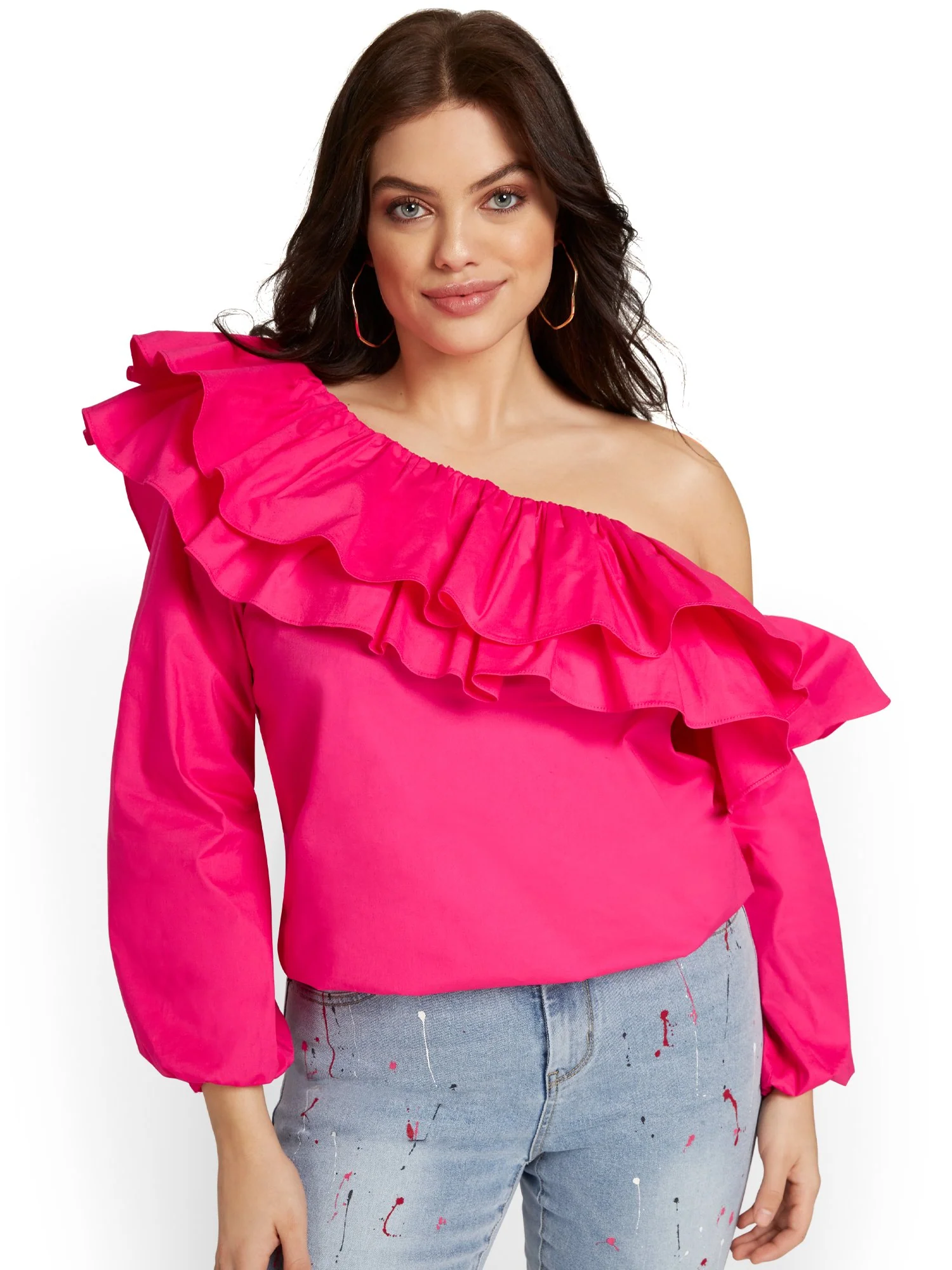 One-Shoulder Ruffle Poplin Shirt - Image 6