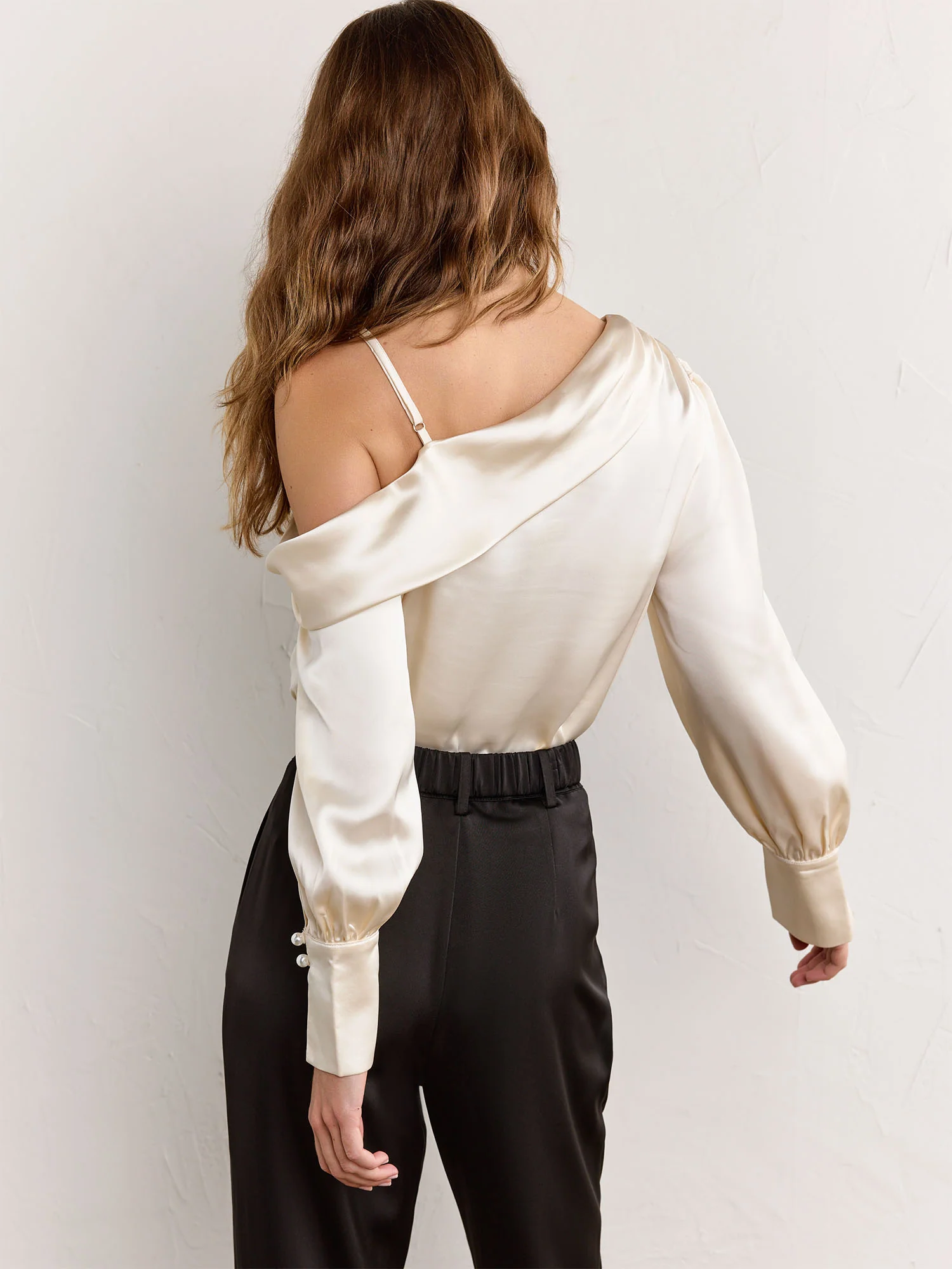 One-Shoulder Satin Long Sleeve Blouse - Fate - Image 9