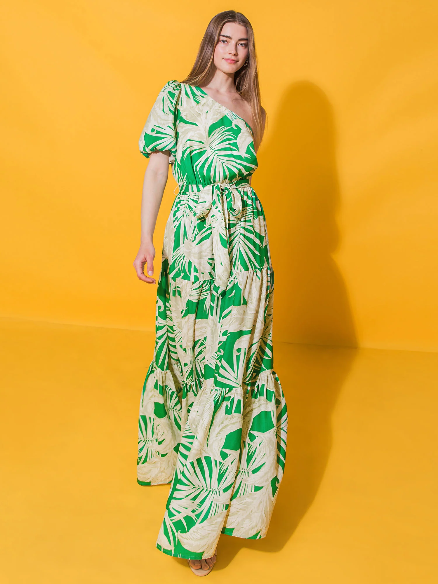 Flying Tomato One Sleeve Palm Printed Self-Tie Tiered Maxi Dress - Brands We Love - Image 4