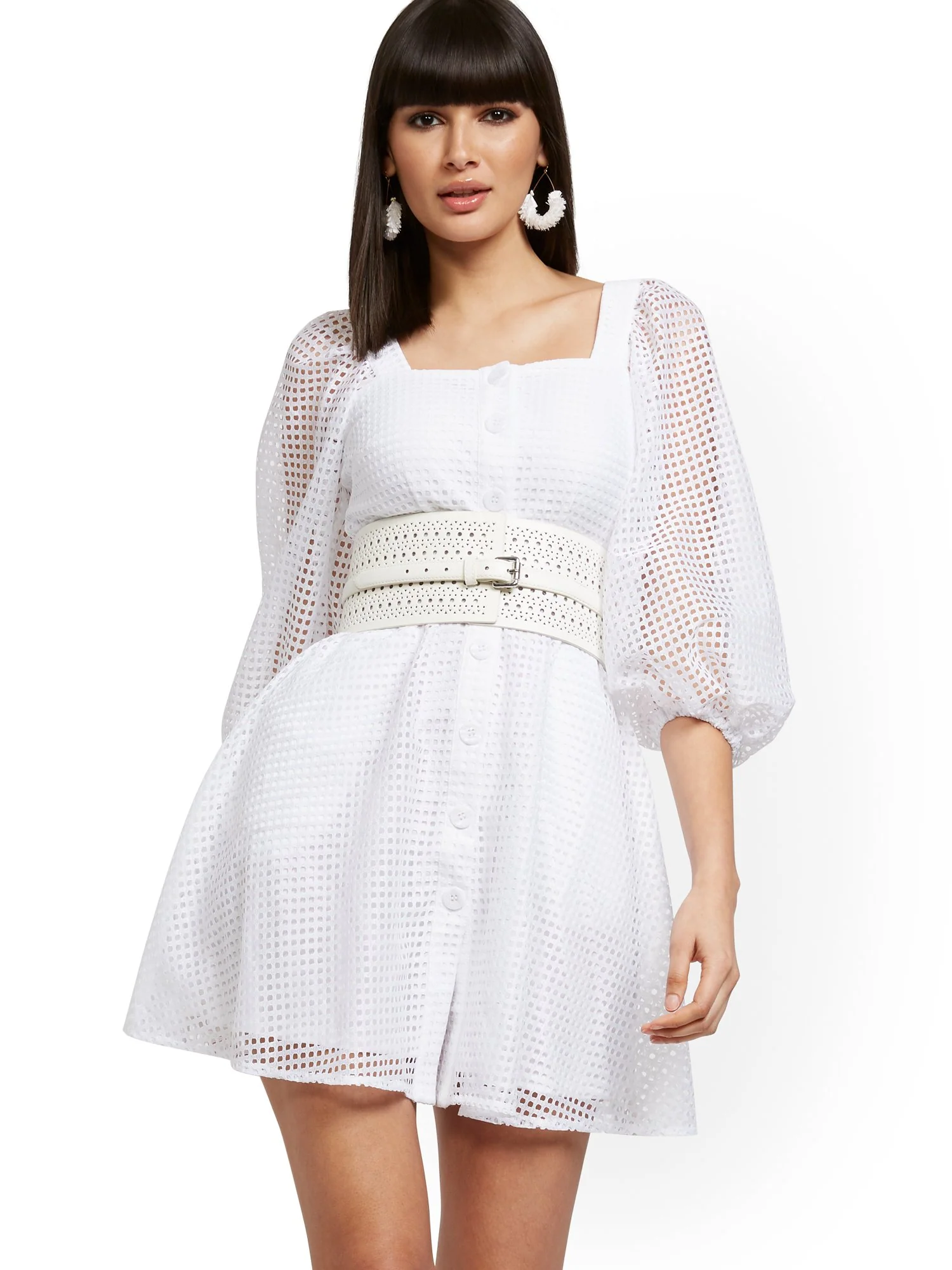 Open-Stitch Button-Front Dress