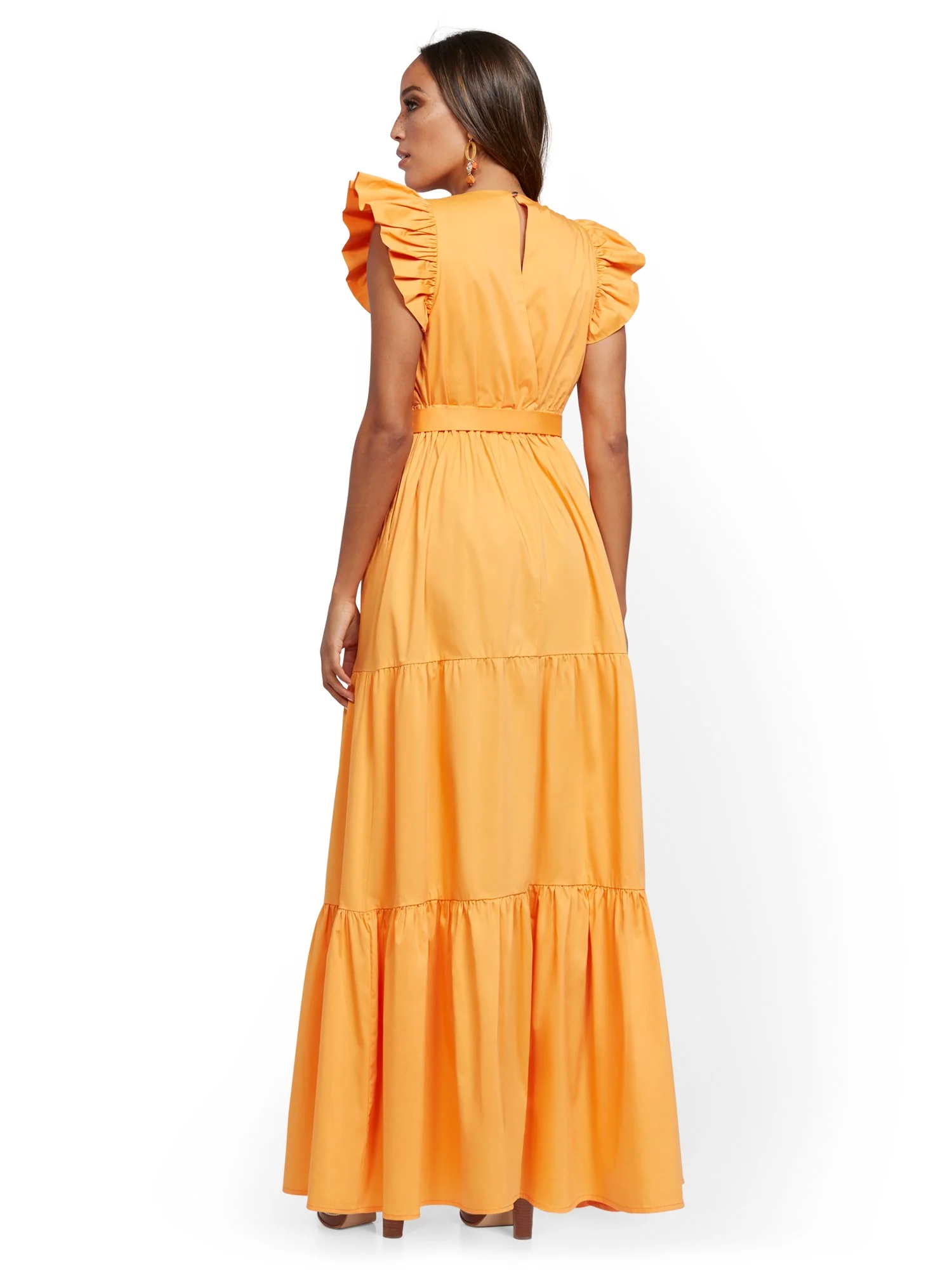 Orange Ruffle-Sleeve Poplin Maxi Dress - Image 3