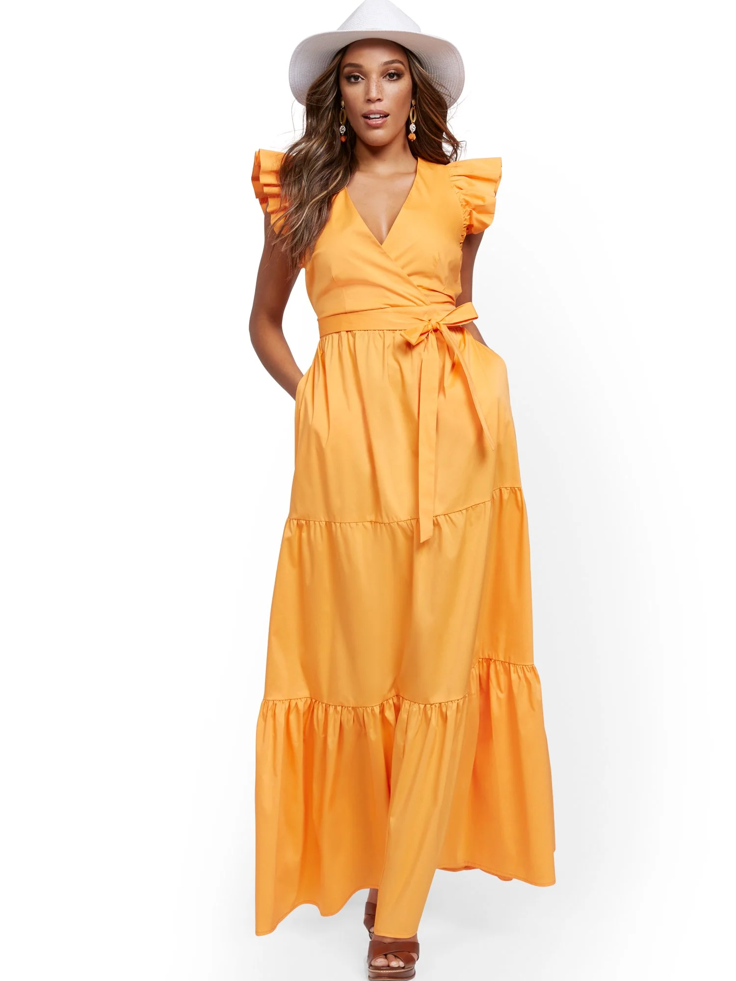 Orange Ruffle-Sleeve Poplin Maxi Dress - Image 4
