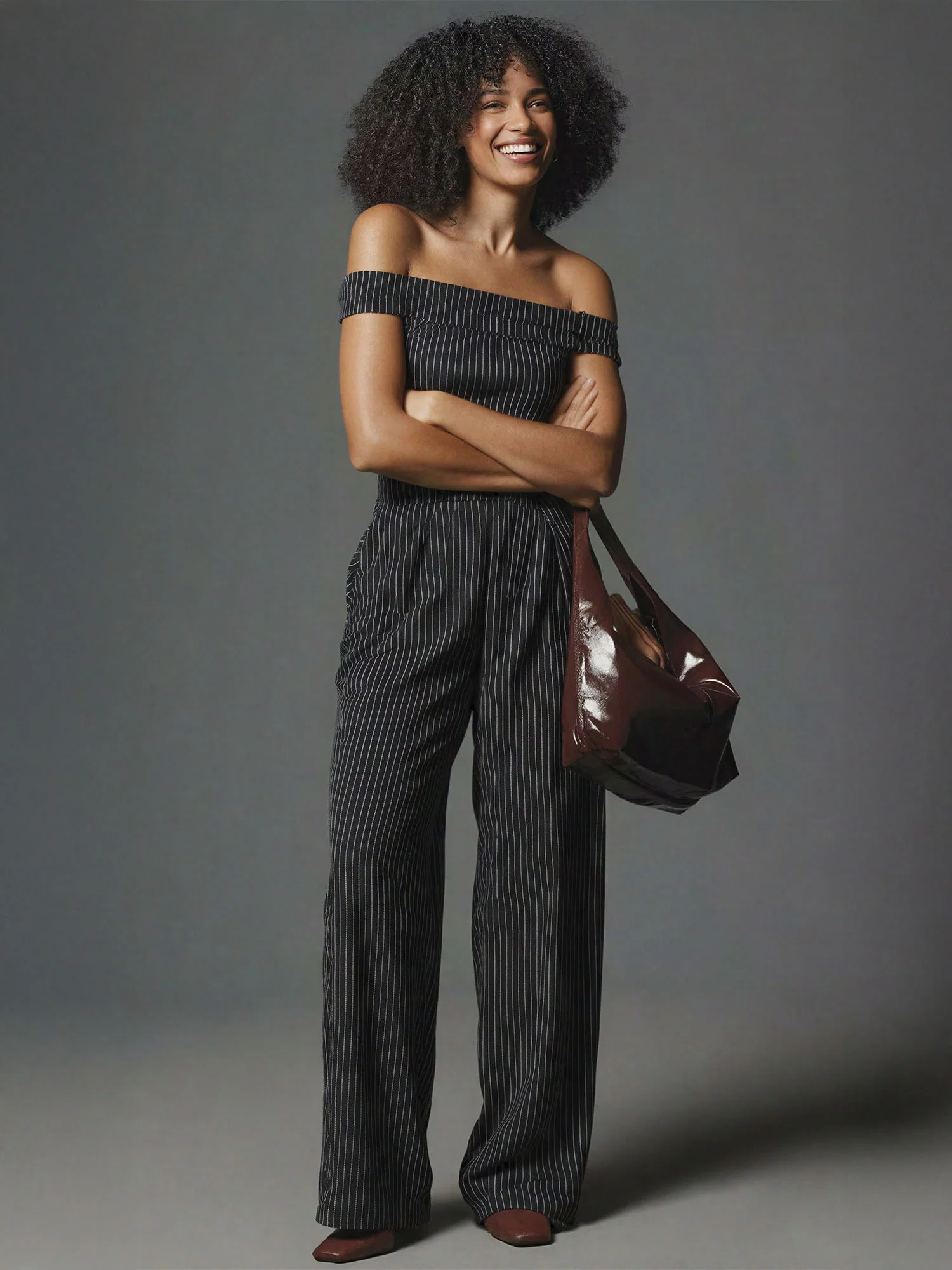 Off The Shoulder Pinstripe Wide Leg Jumpsuit