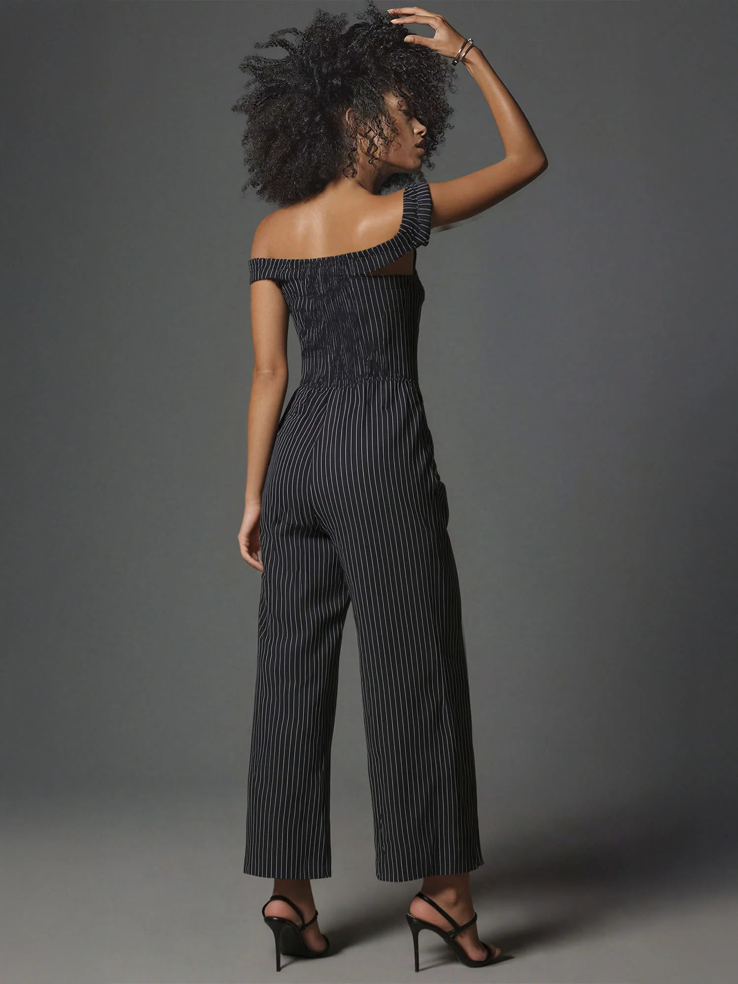 Off The Shoulder Pinstripe Wide Leg Jumpsuit - Image 3