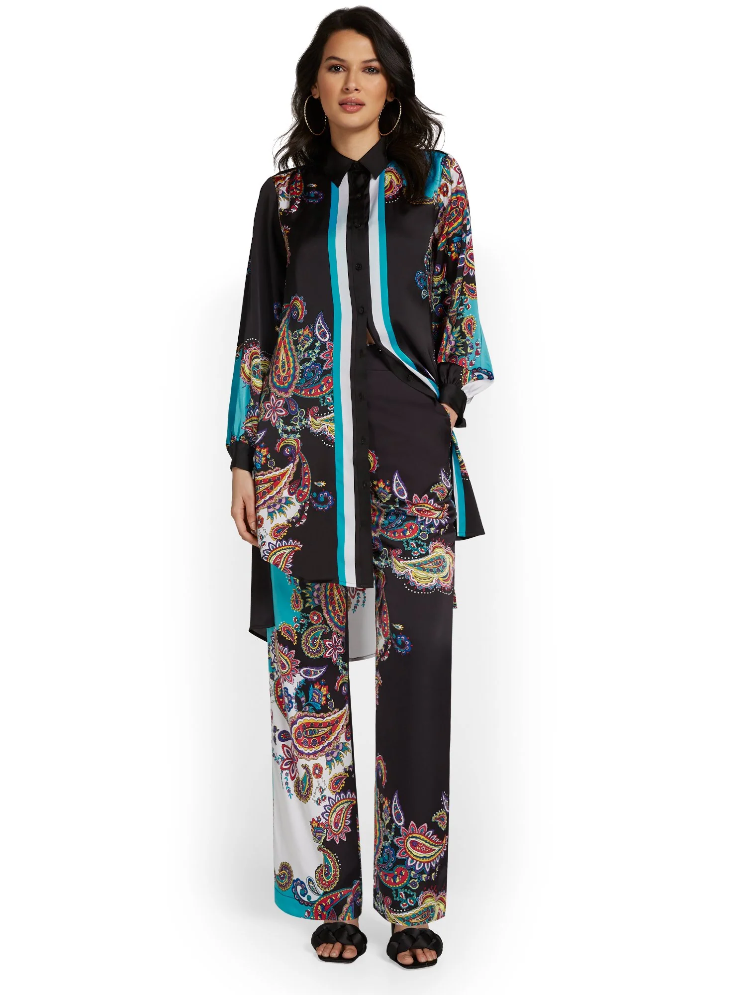 Paisley Button-Front Side-Slit Midi Shirt - Image 3