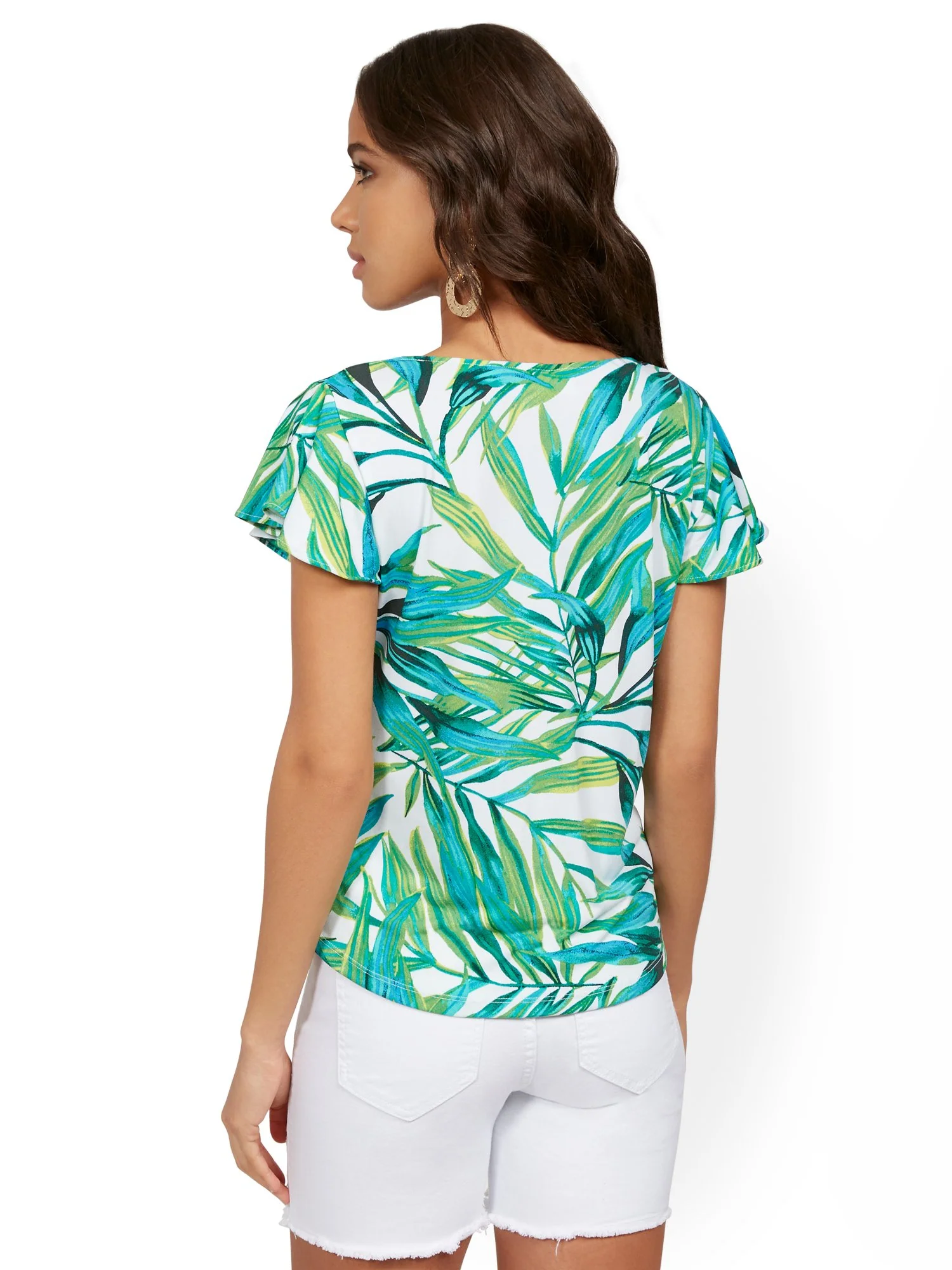 Palm-Print Flutter-Sleeve Square-Neck Top - Image 3