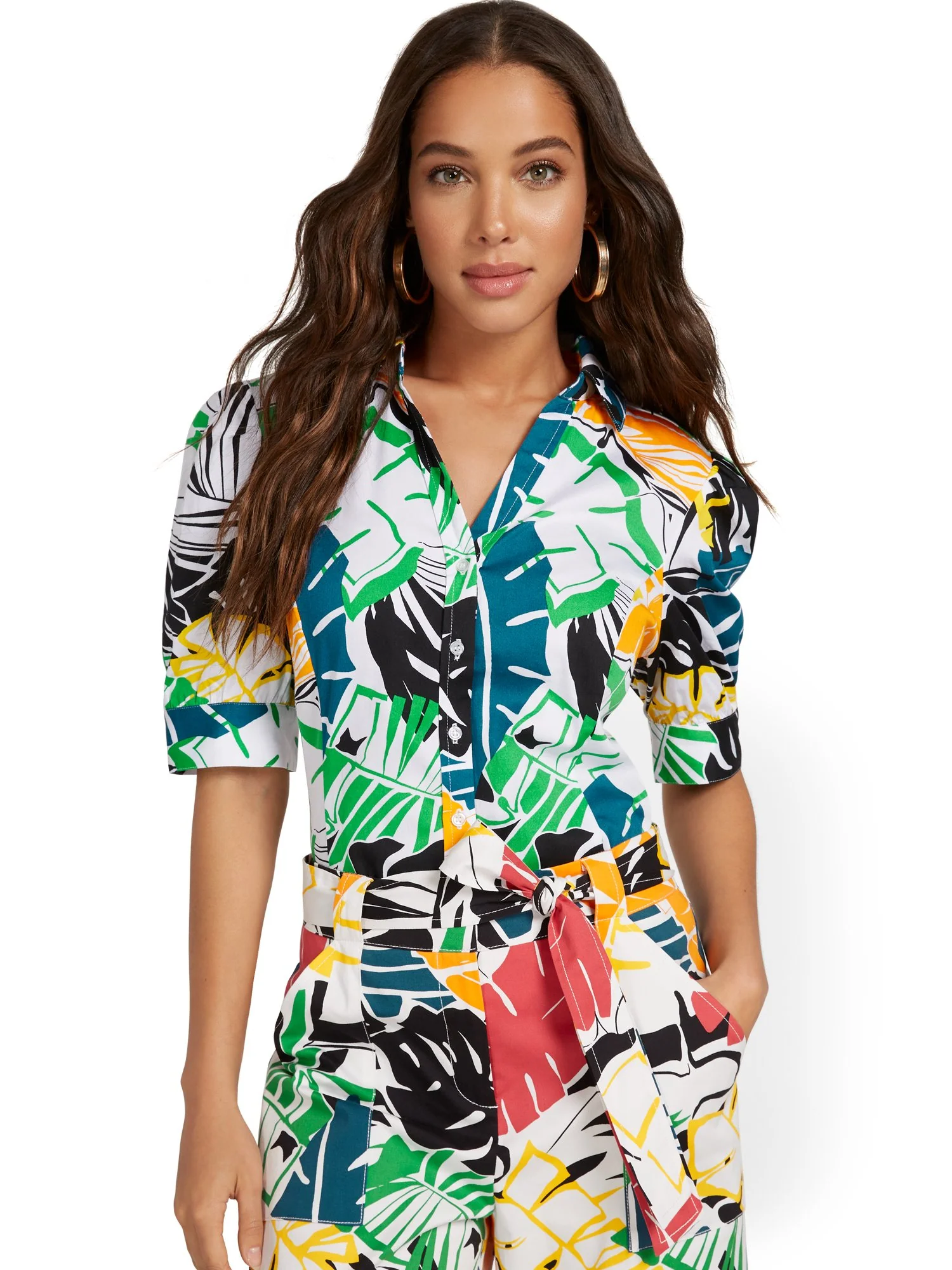 Palm-Print Puff-Sleeve Madison Shirt - 7th Avenue