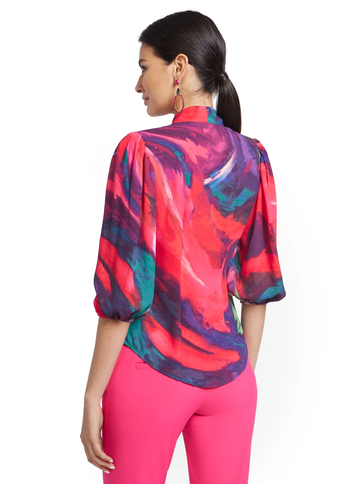 Petite Abstract Watercolor Print Essential V-Neck Bow Blouse - Image 2