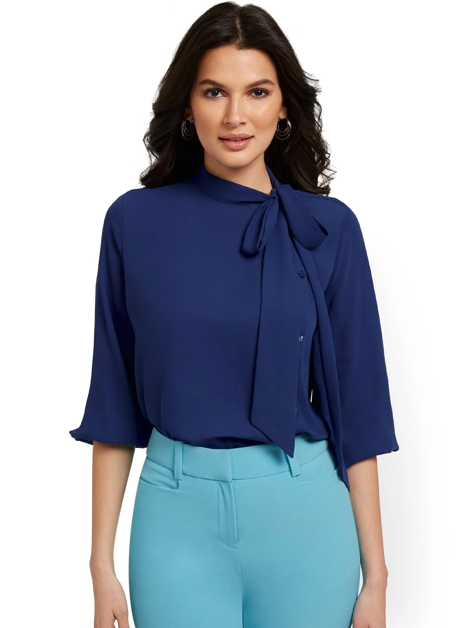 Petite Button-Front Bow-Neck Blouse - Image 9