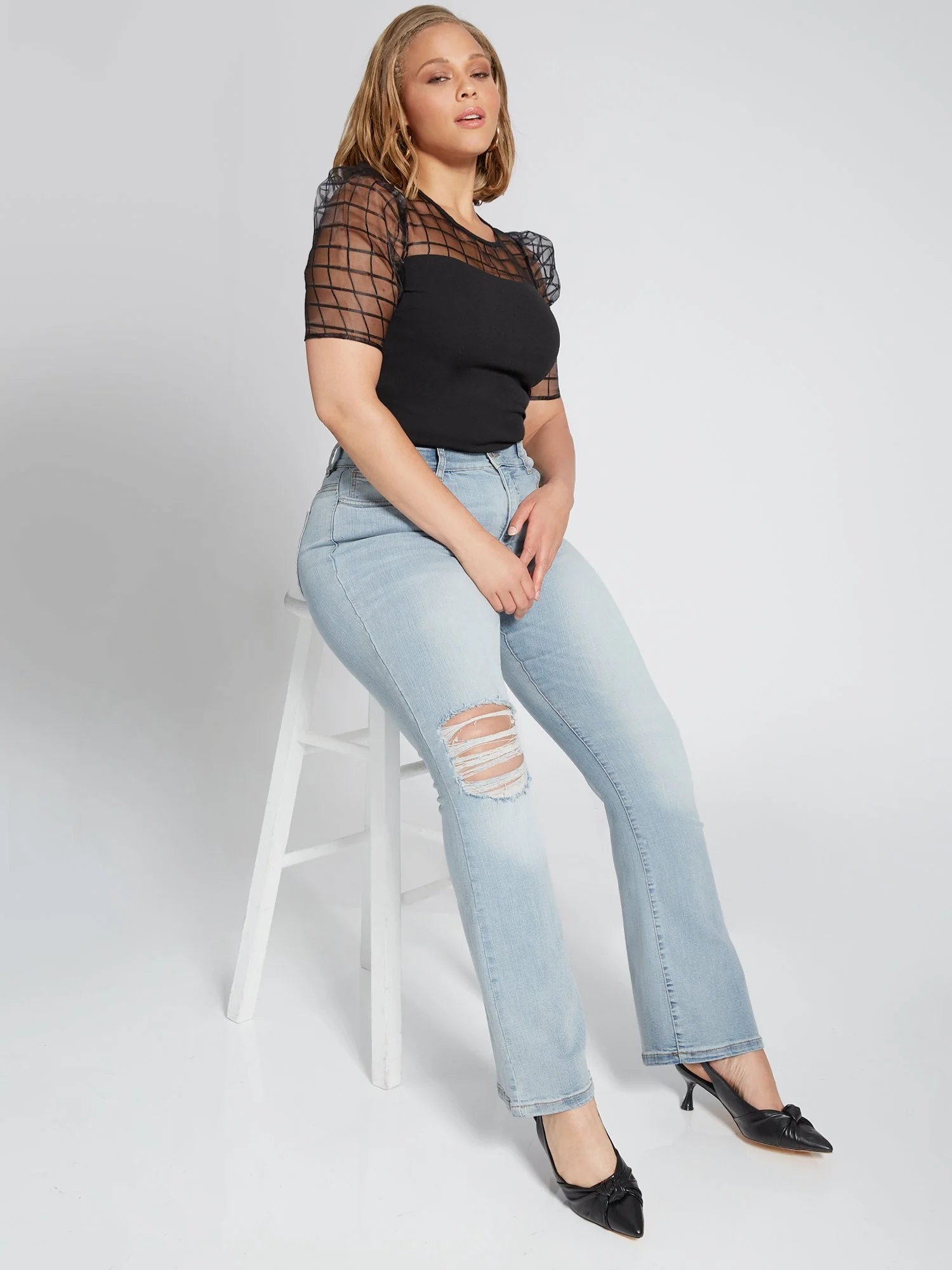 Petite Curvy High-Waisted Bootcut Jeans - Light Wash - Image 4