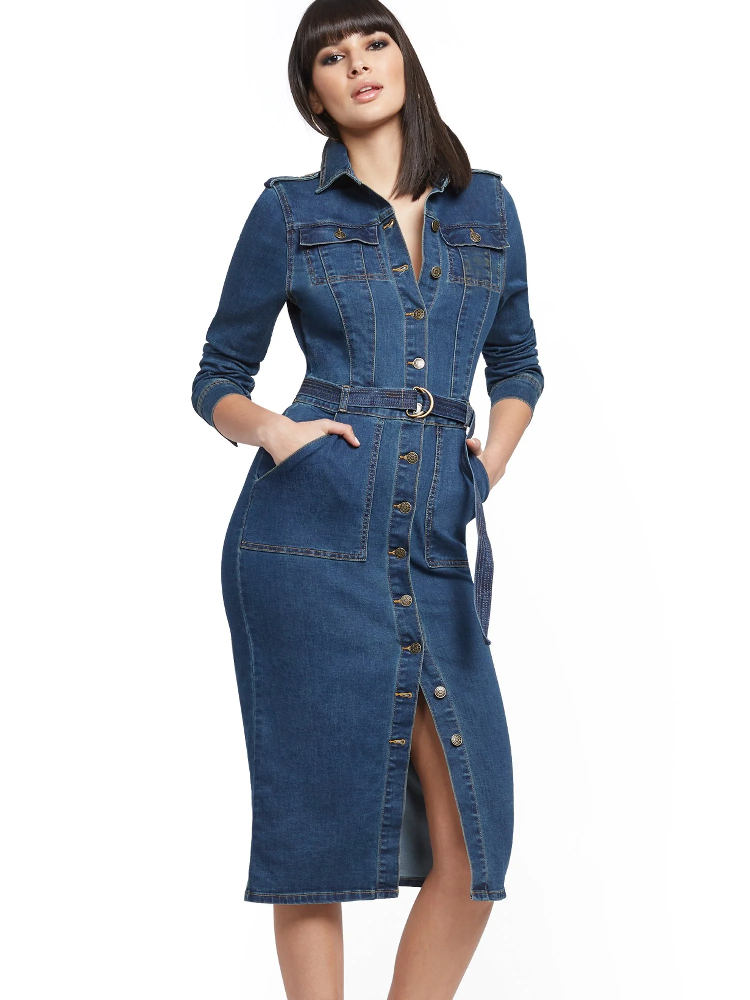 Petite Denim Utility Shirtdress - Dark Wash - Image 2