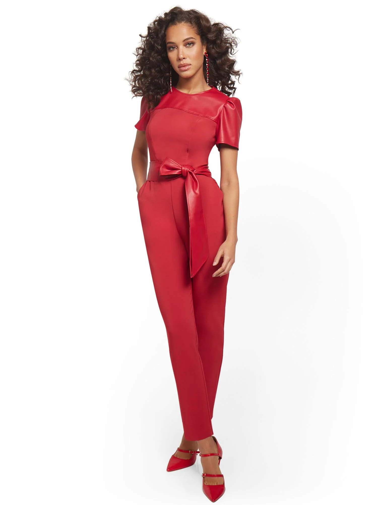 Petite Faux-Leather Puff-Sleeve Jumpsuit