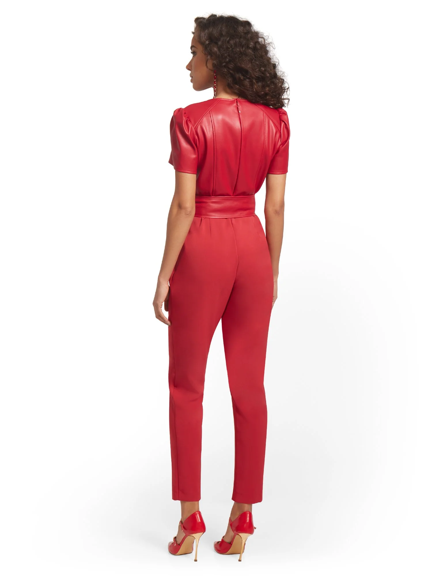 Petite Faux-Leather Puff-Sleeve Jumpsuit - Image 3