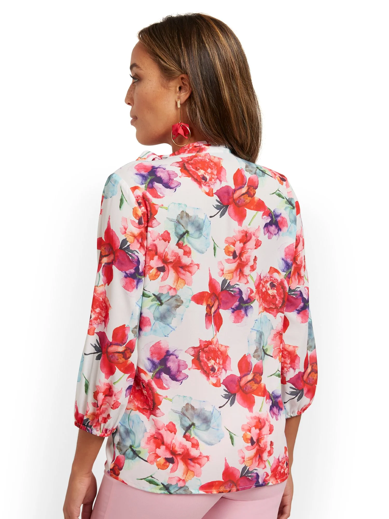 Petite Floral-Print Button-Front Bow-Neck Blouse - Image 3