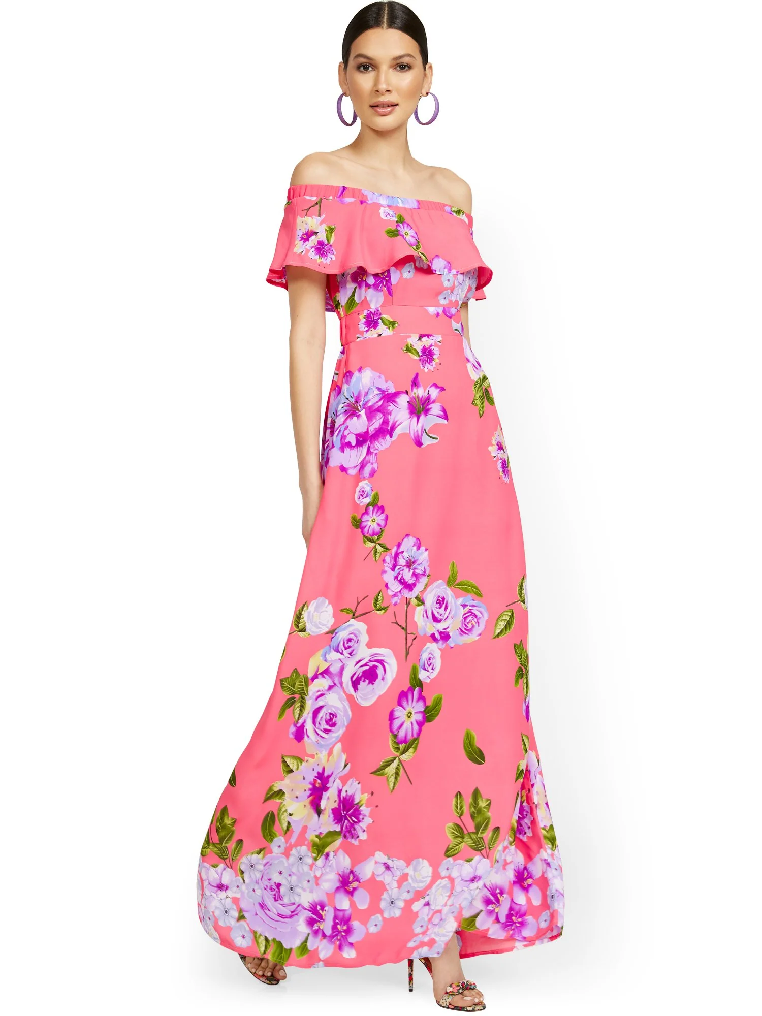 Petite Floral-Print Off-the-Shoulder Ruffle-Top Maxi Dress - Image 5