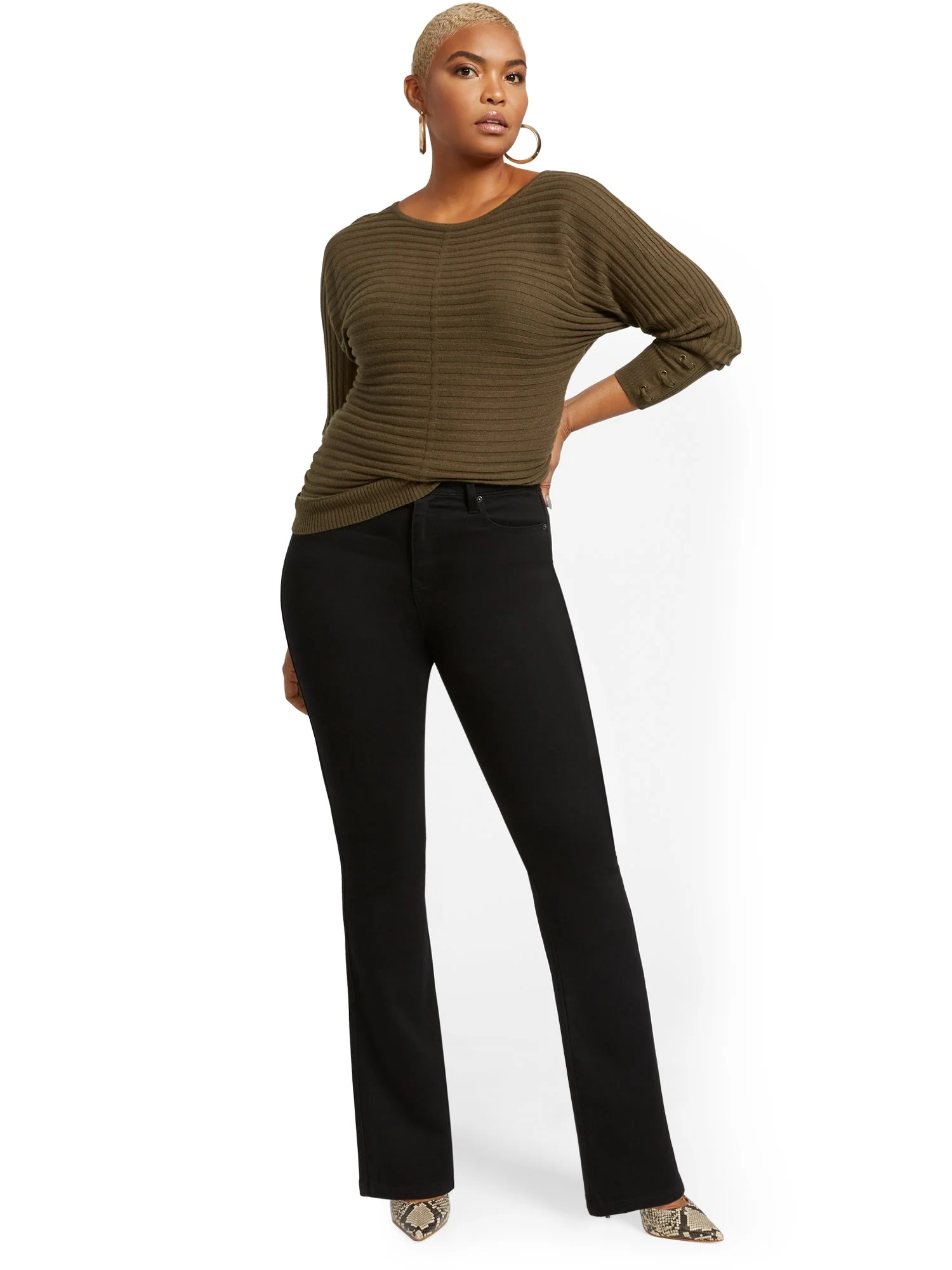 Petite High-Waisted Curvy Barely Bootcut Jeans - Black - Image 4