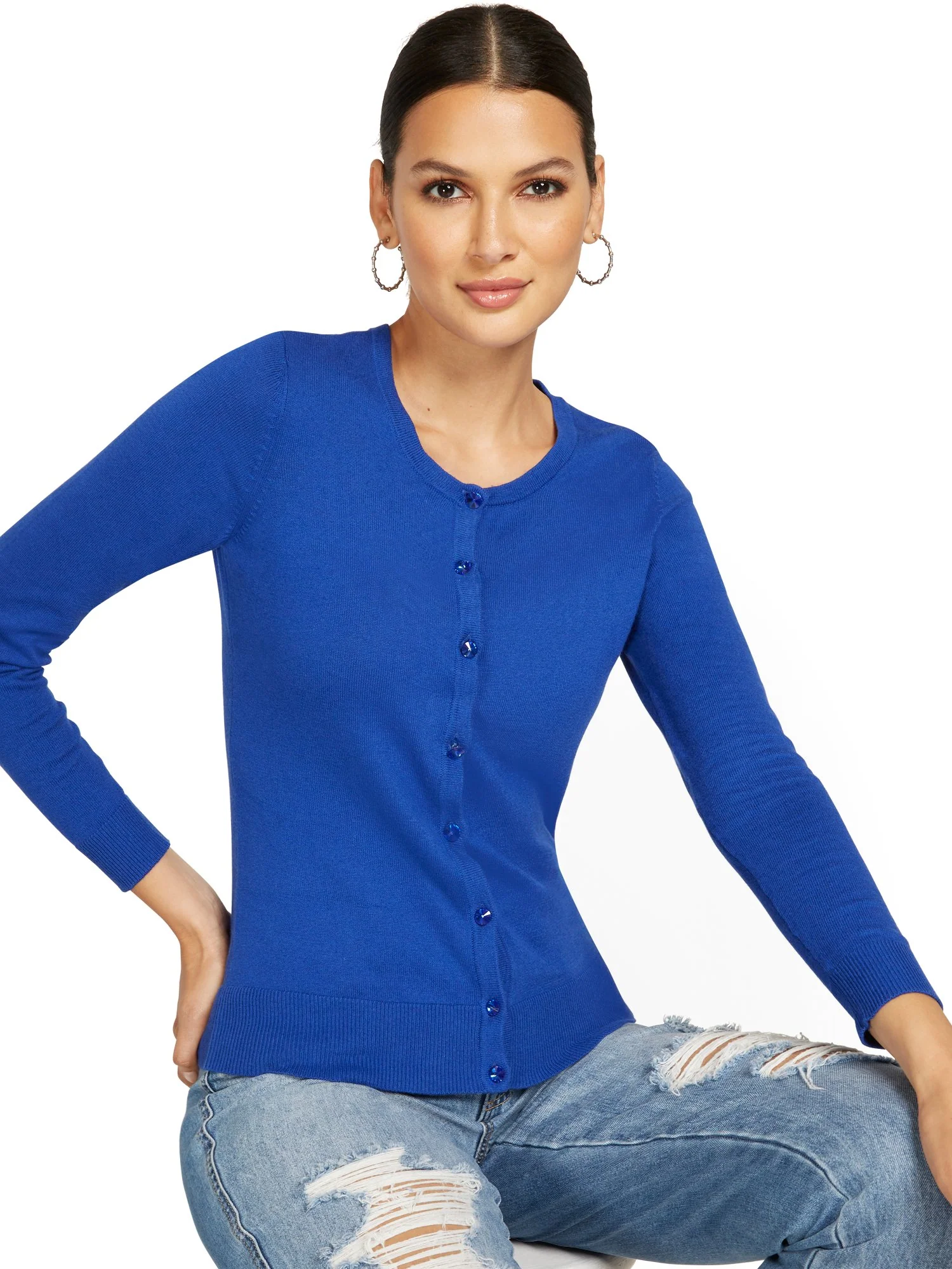 Petite Jeweled-Button Chelsea Crewneck Cardigan - Image 28