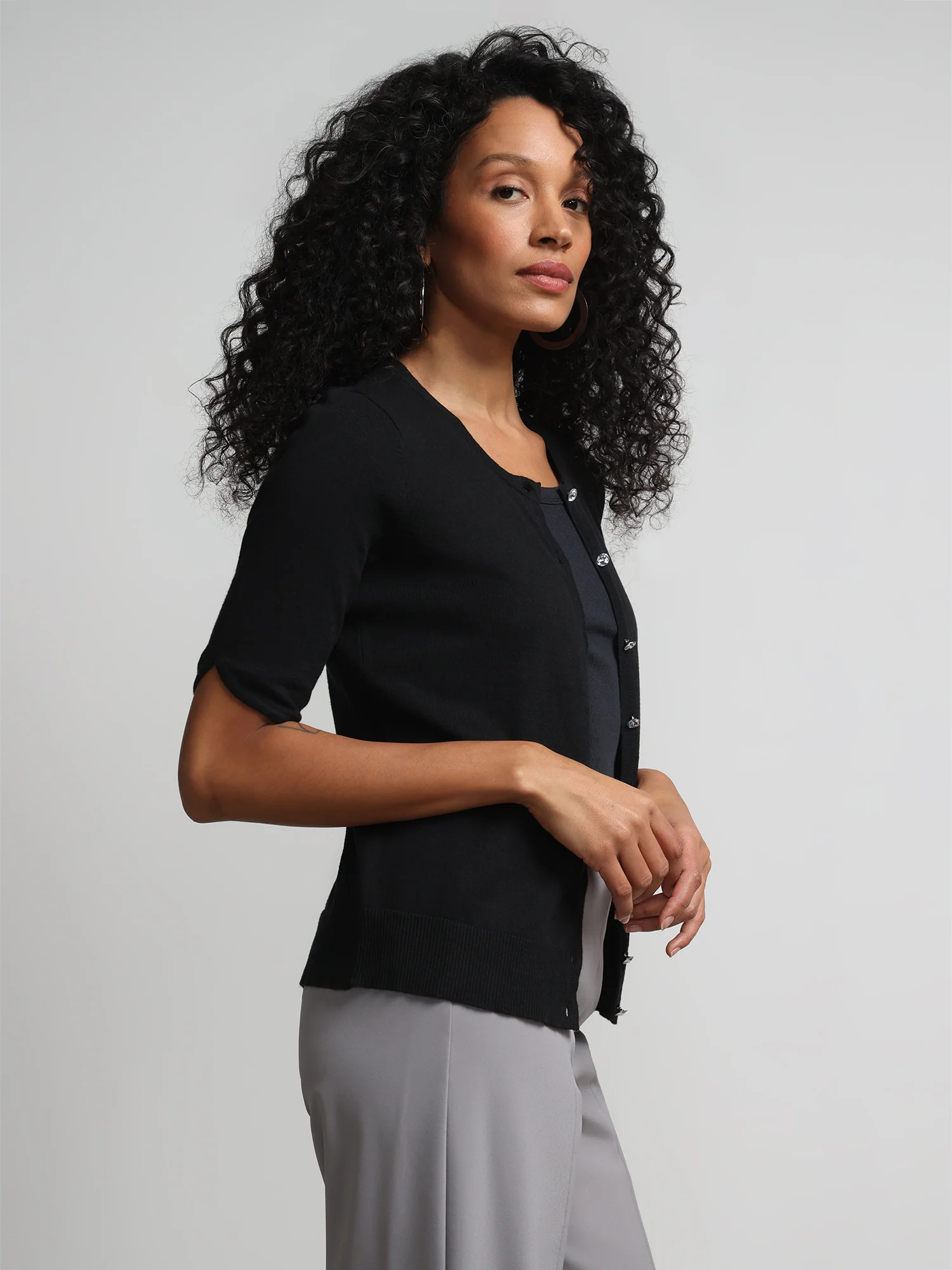 Petite Jeweled-Button Chelsea Crewneck Cardigan - Image 2