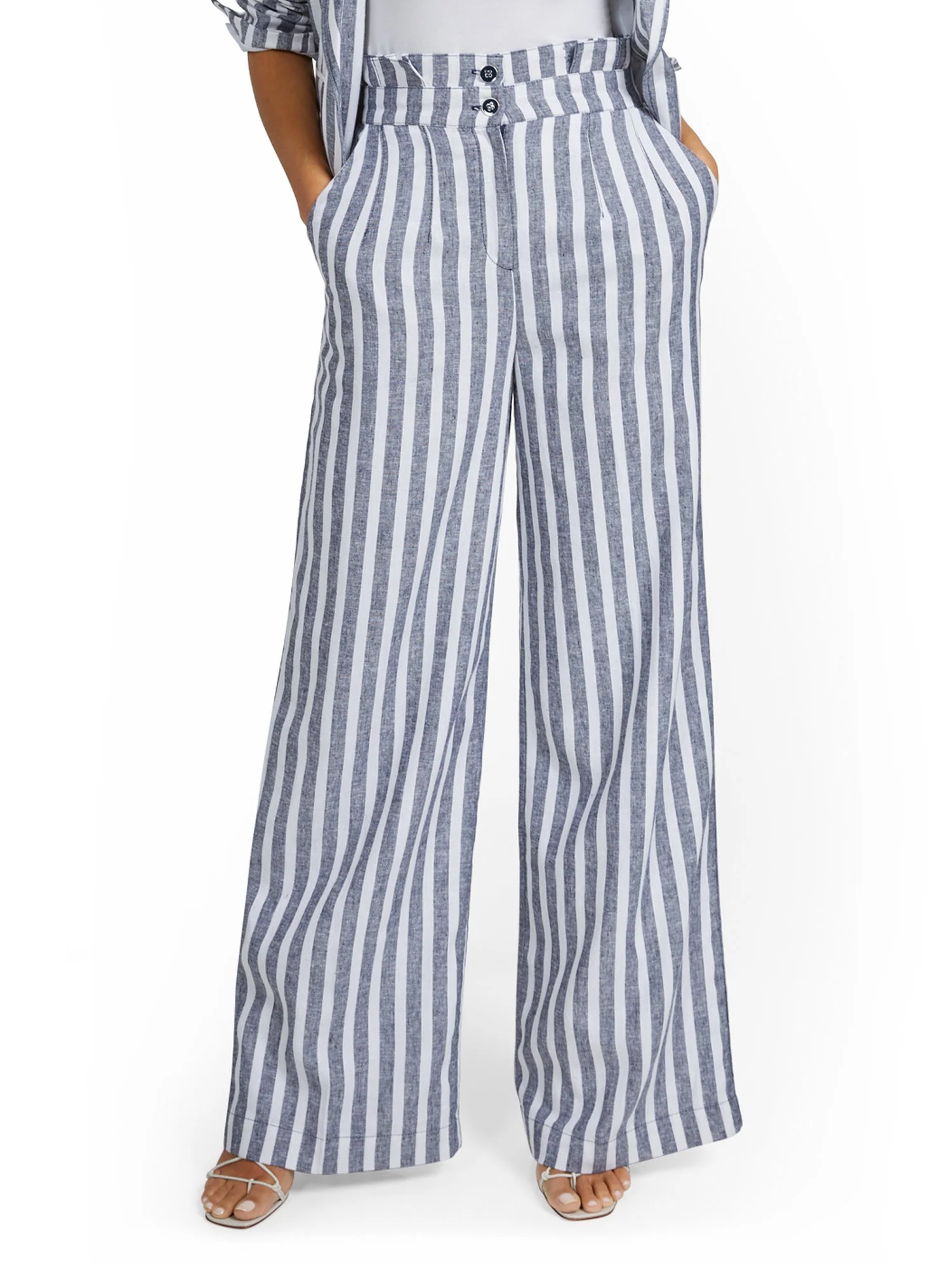 Petite Linen-Blend Nautical Stripe Paperbag Wide-Leg Pant - Image 2
