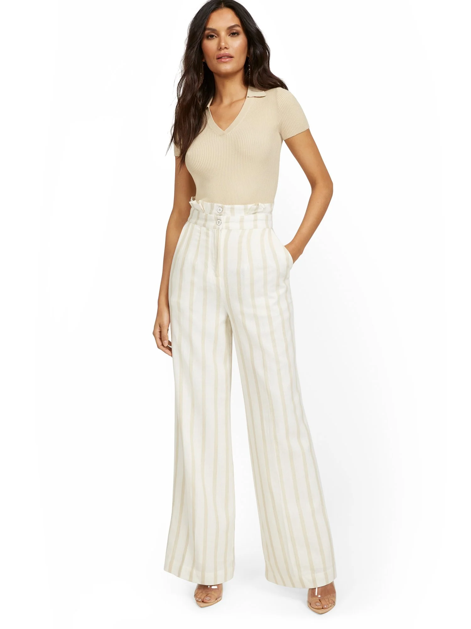 Petite Linen-Blend Stripe Paperbag Wide-Leg Pant - Image 4