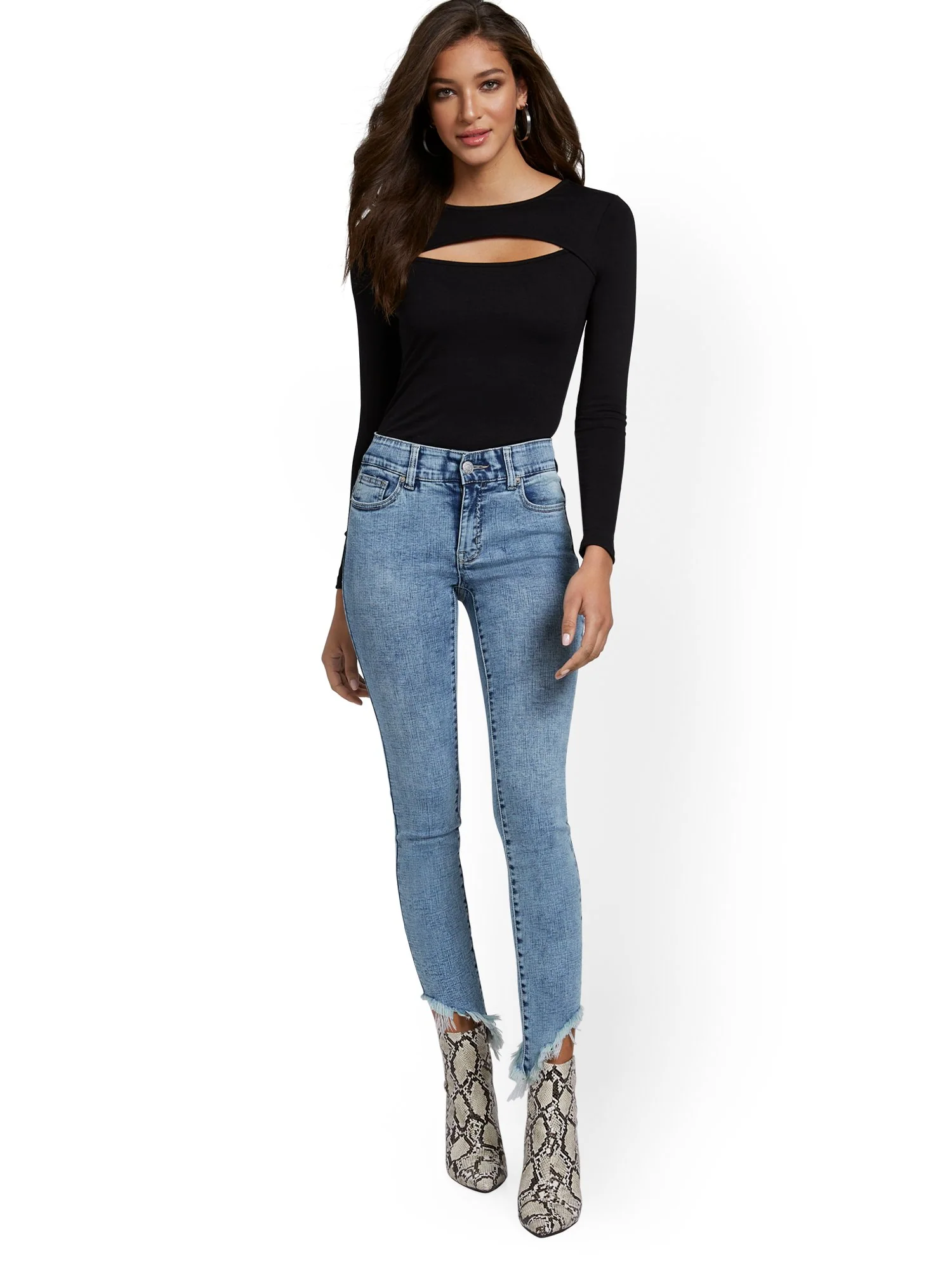Petite Mya Curvy High-Waisted Sculpting No Gap Super-Skinny Ankle Jeans - Ripped-Hem - Image 5
