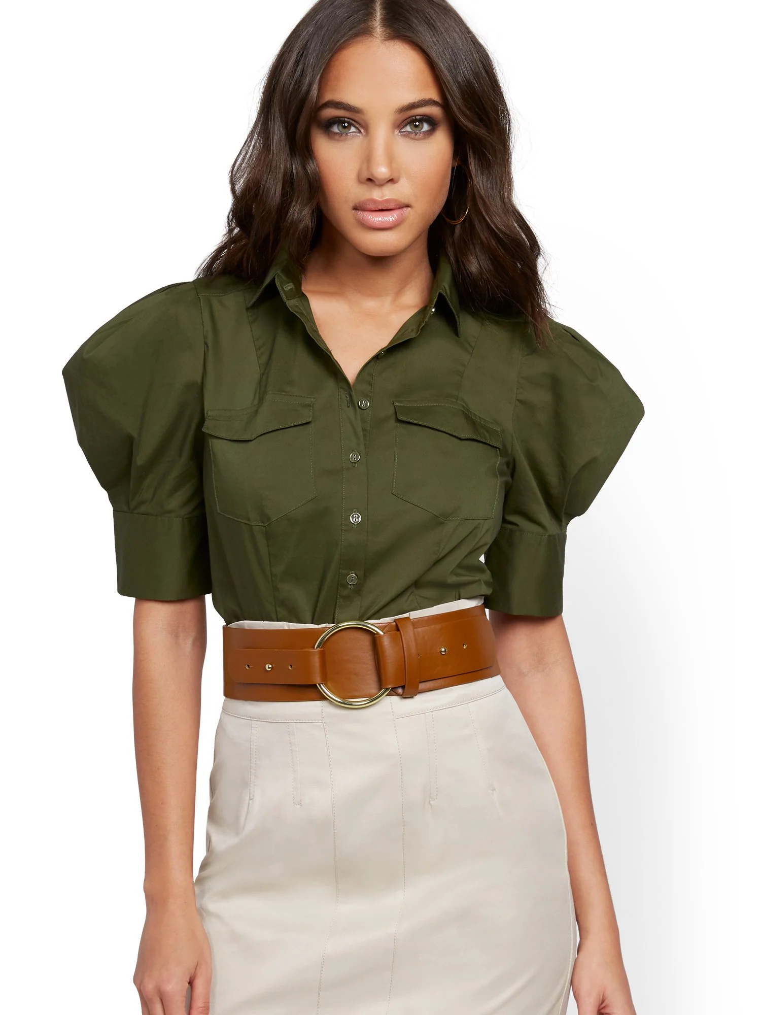Petite Olive Puff-Sleeve Poplin Shirt - Image 2