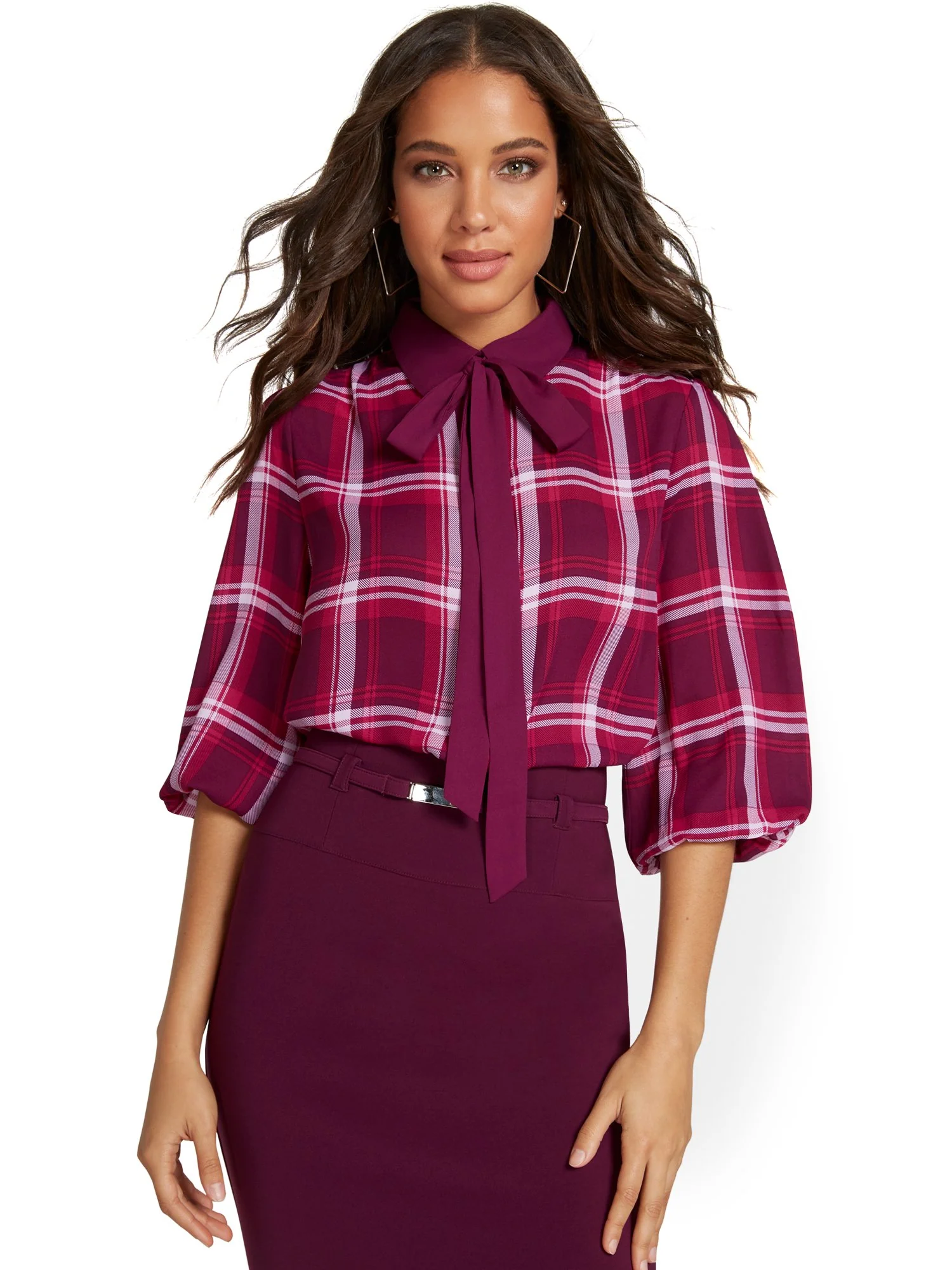 Petite Plaid Bow Blouse - Image 6