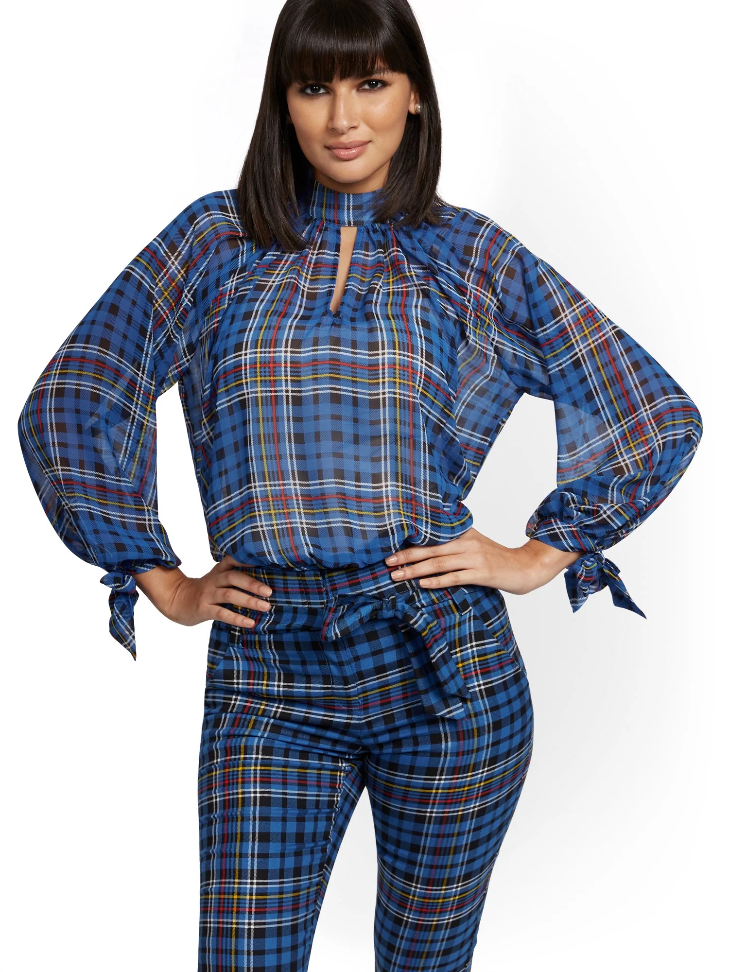 Petite Plaid Mock-Neck Tie-Sleeve Blouse - 7th Avenue - Image 2