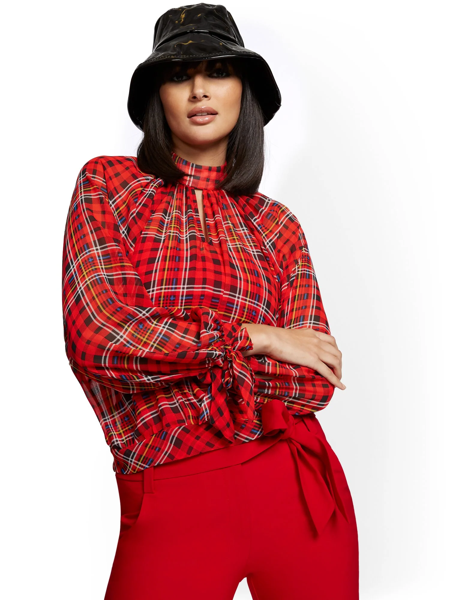 Petite Plaid Mock-Neck Tie-Sleeve Blouse - 7th Avenue - Image 5