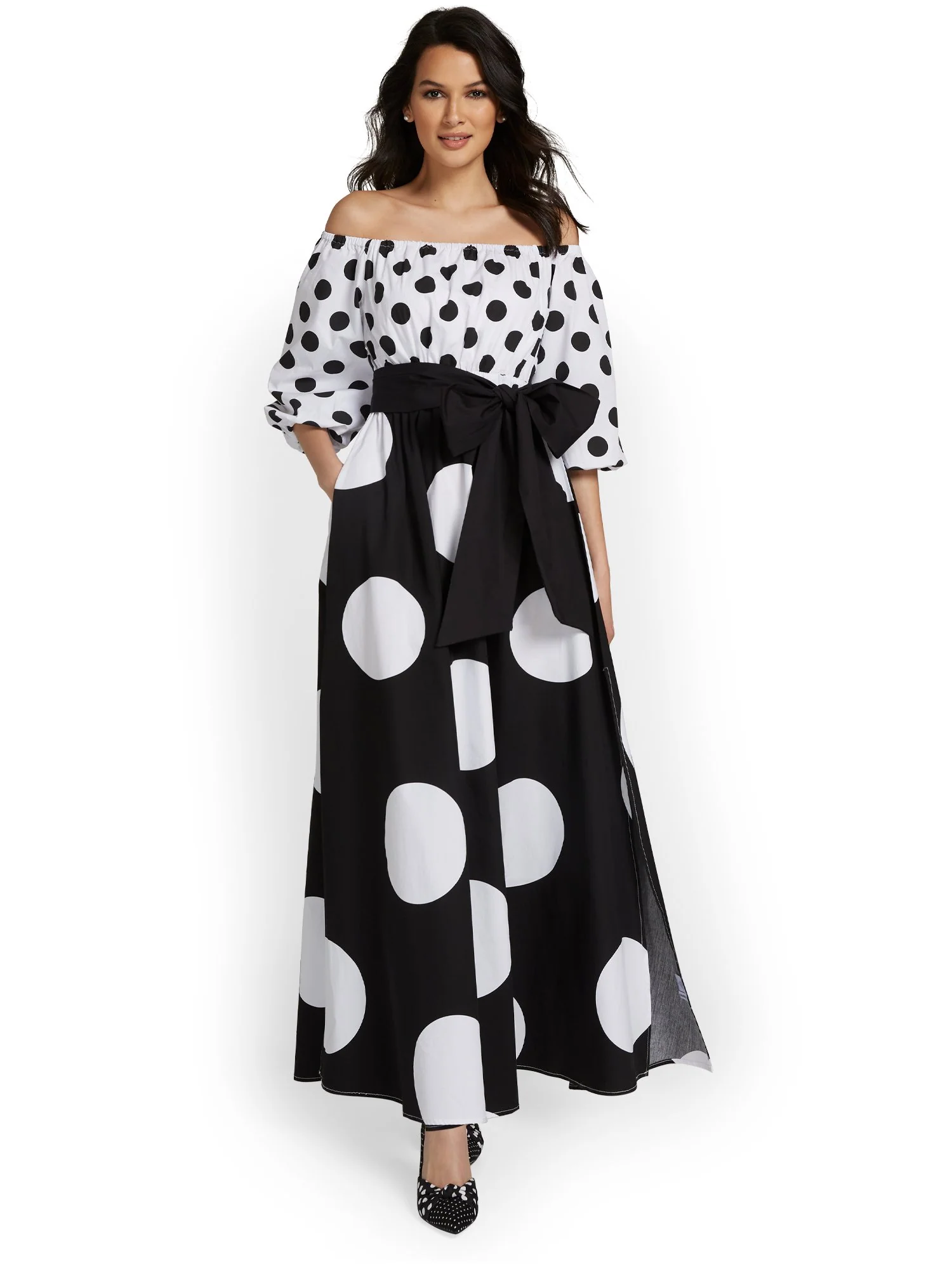Petite Polka-Dot Off-The-Shoulder Maxi Dress