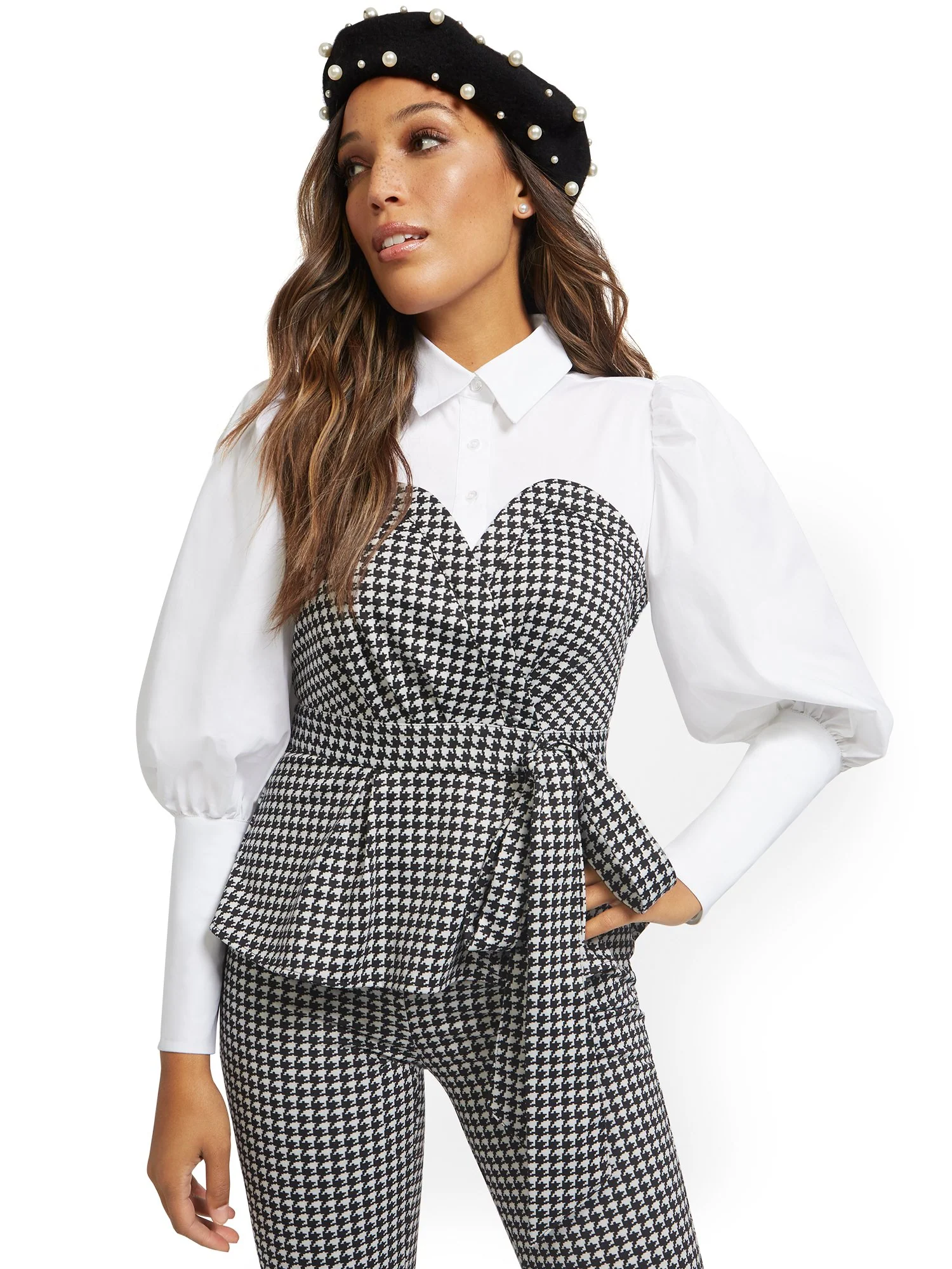 Petite Poplin Houndstooth Twofer Top - Image 2