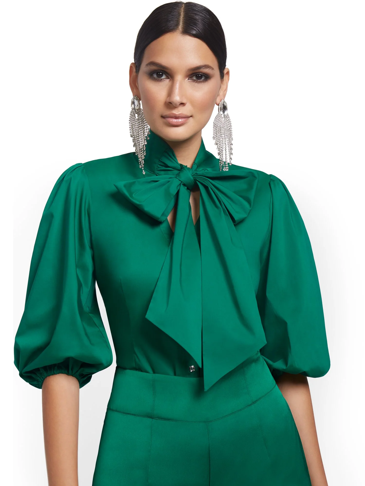 Petite Puff-Sleeve Drama Bow Poplin Shirt - Image 5